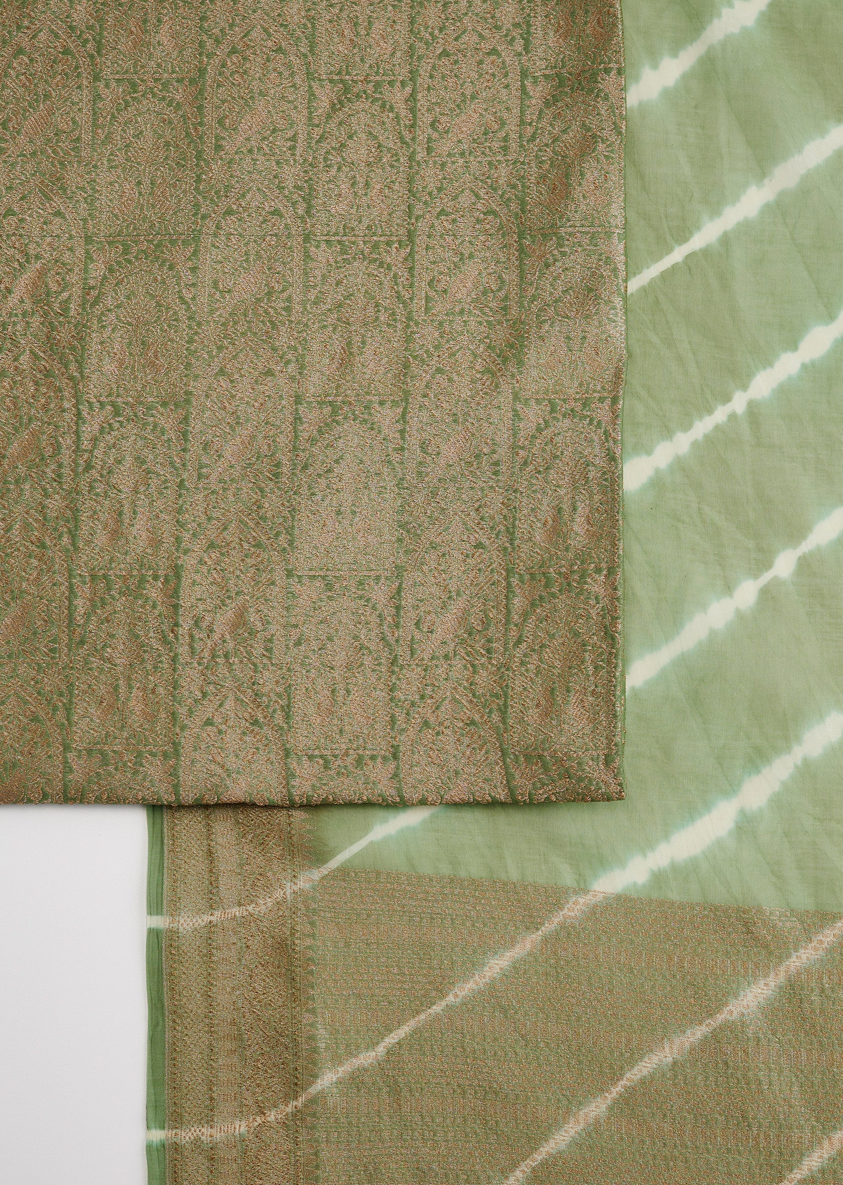 Green Banarasi Silk Unstitched Suit Set With Leheriya Dupatta - Image 3