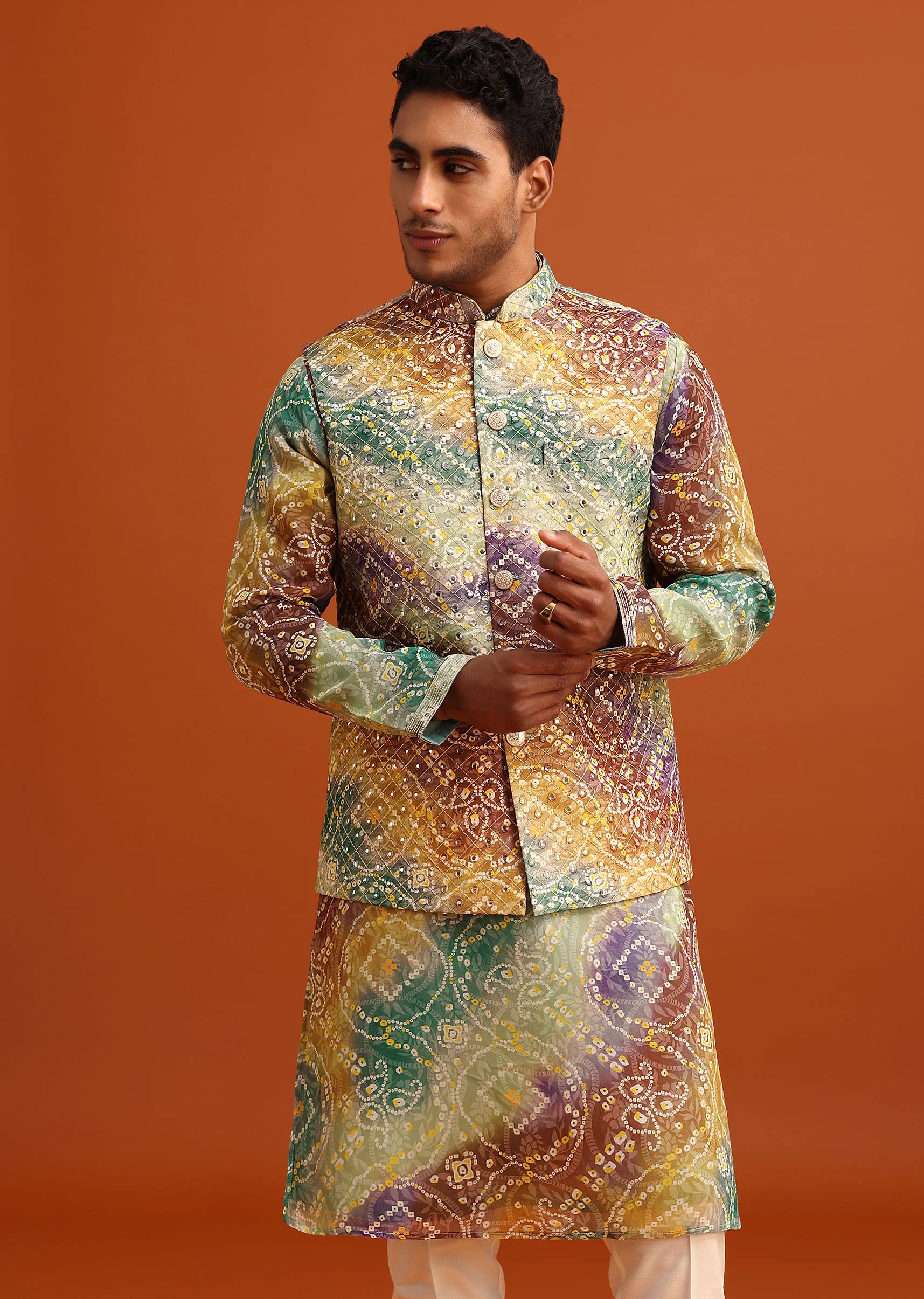 Green Bandhani Print Jacket Kurta Set In Georgette - Image 4