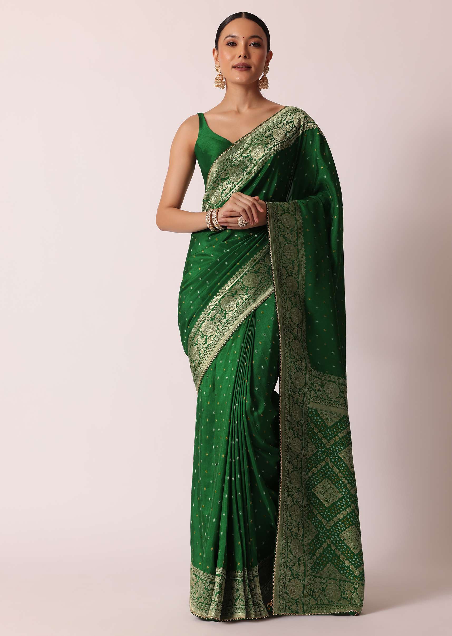 Green Bandhani Silk Saree With Woven Motif And Unstitched Blouse Piece - Image 3
