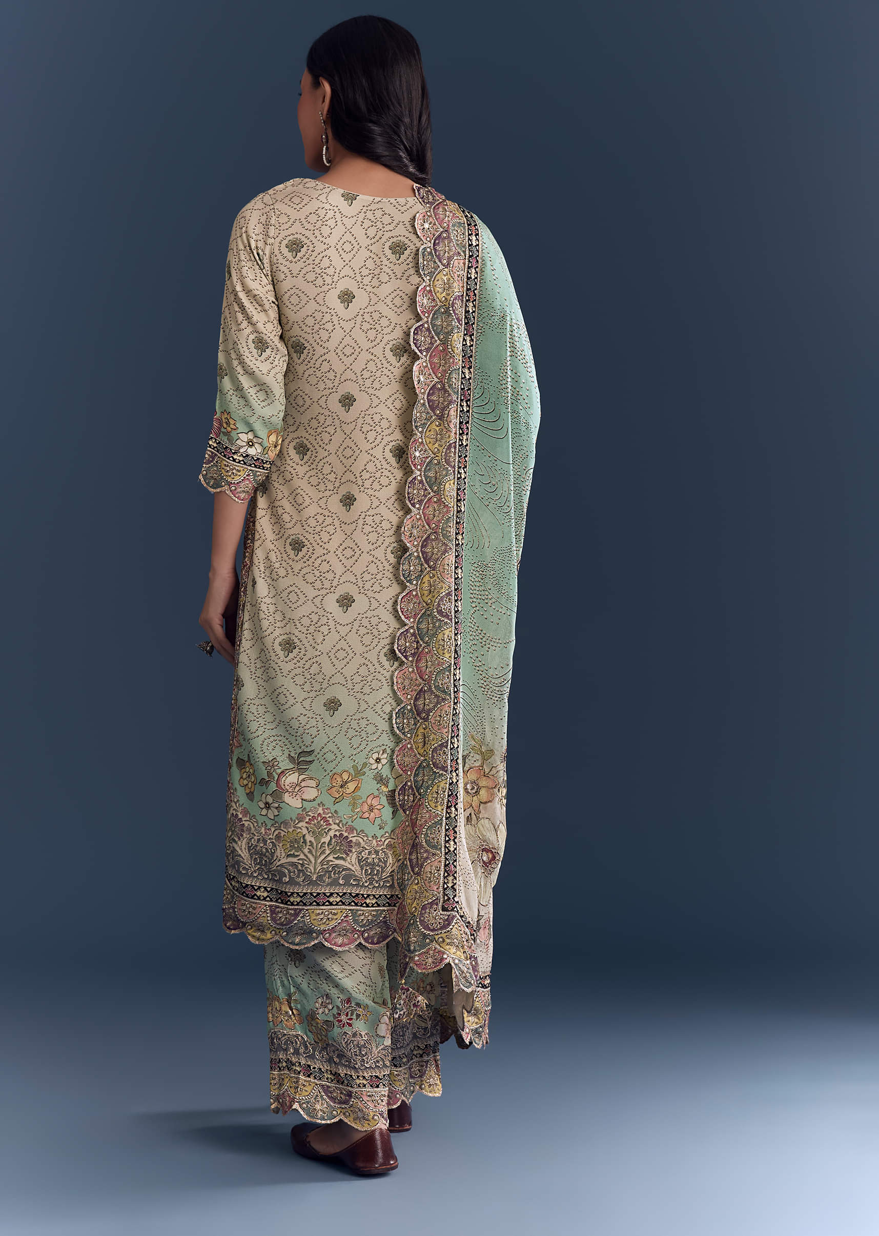 Green Beige Ombre Crepe Kurta Set With Floral Print - Image 5