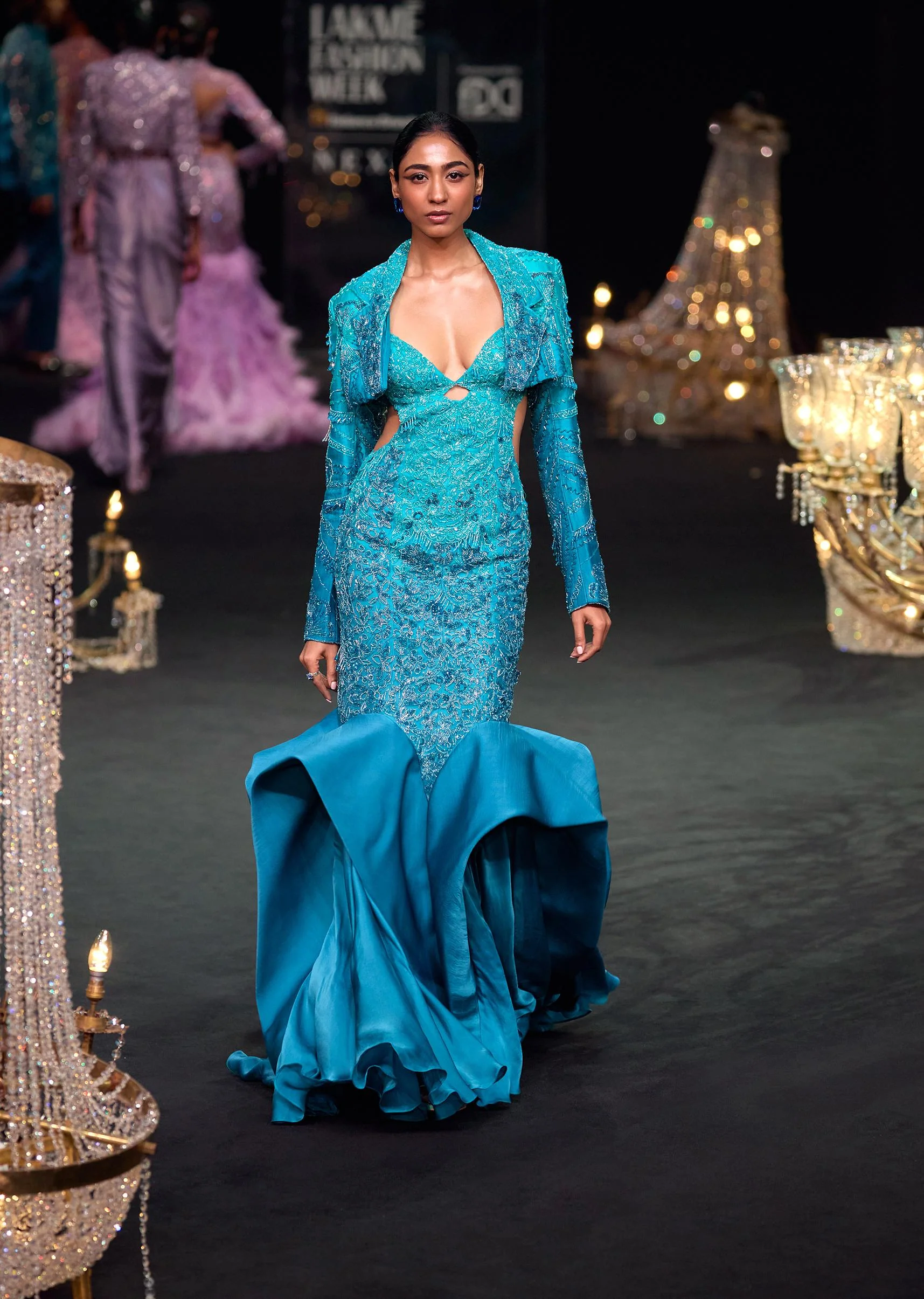 Green Blue Ombre Zardosi Fishcut Draped Gown - Image 2