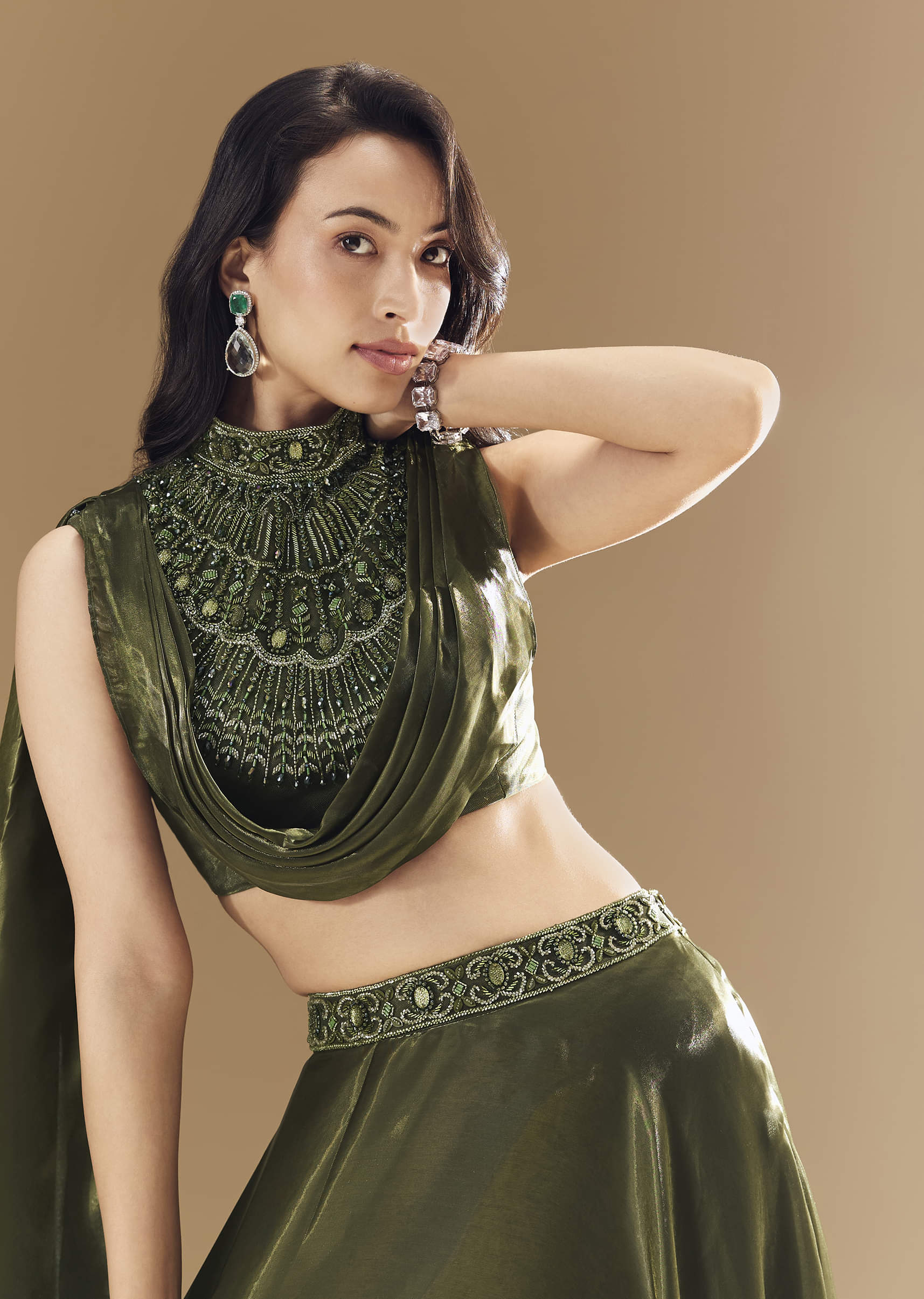 Green Bridesmaid Organza Lehega with Cowl Blouse - Image 7