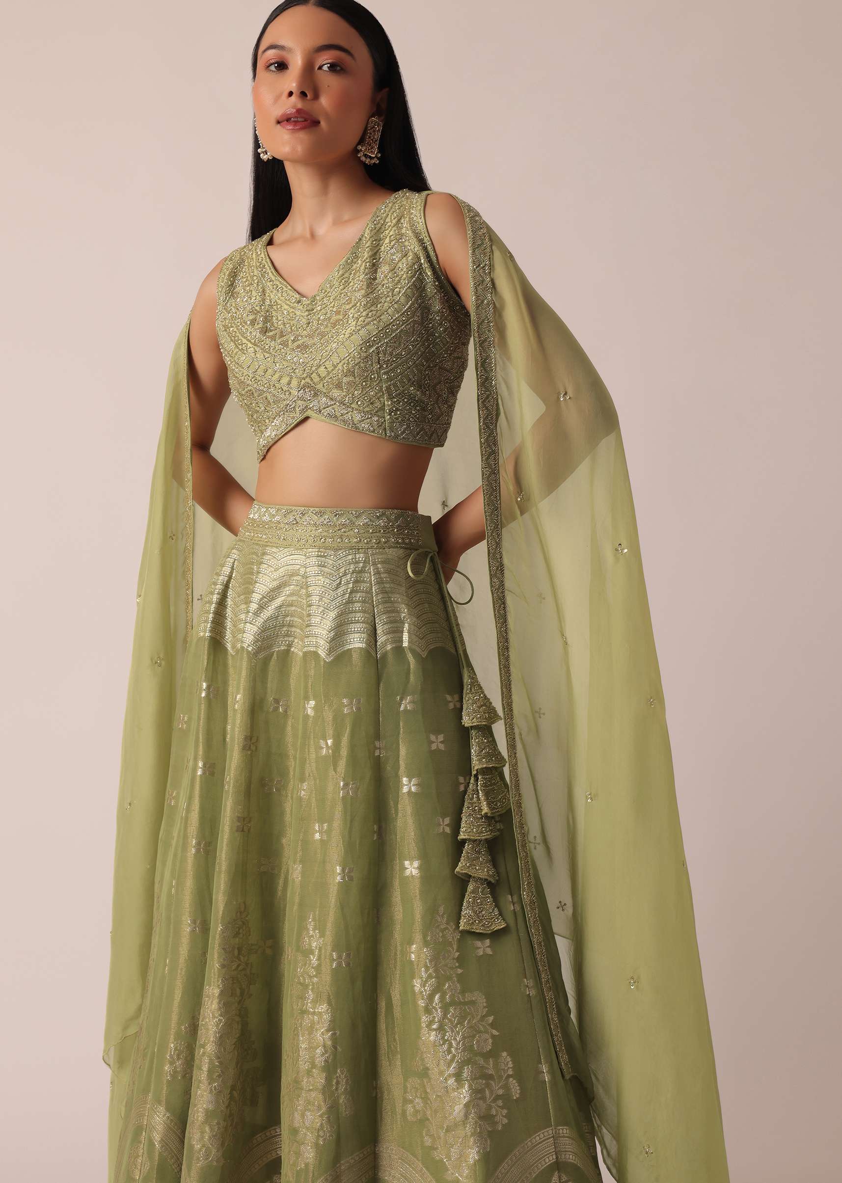 Green Brocade Handloom Lehenga Set - Image 5