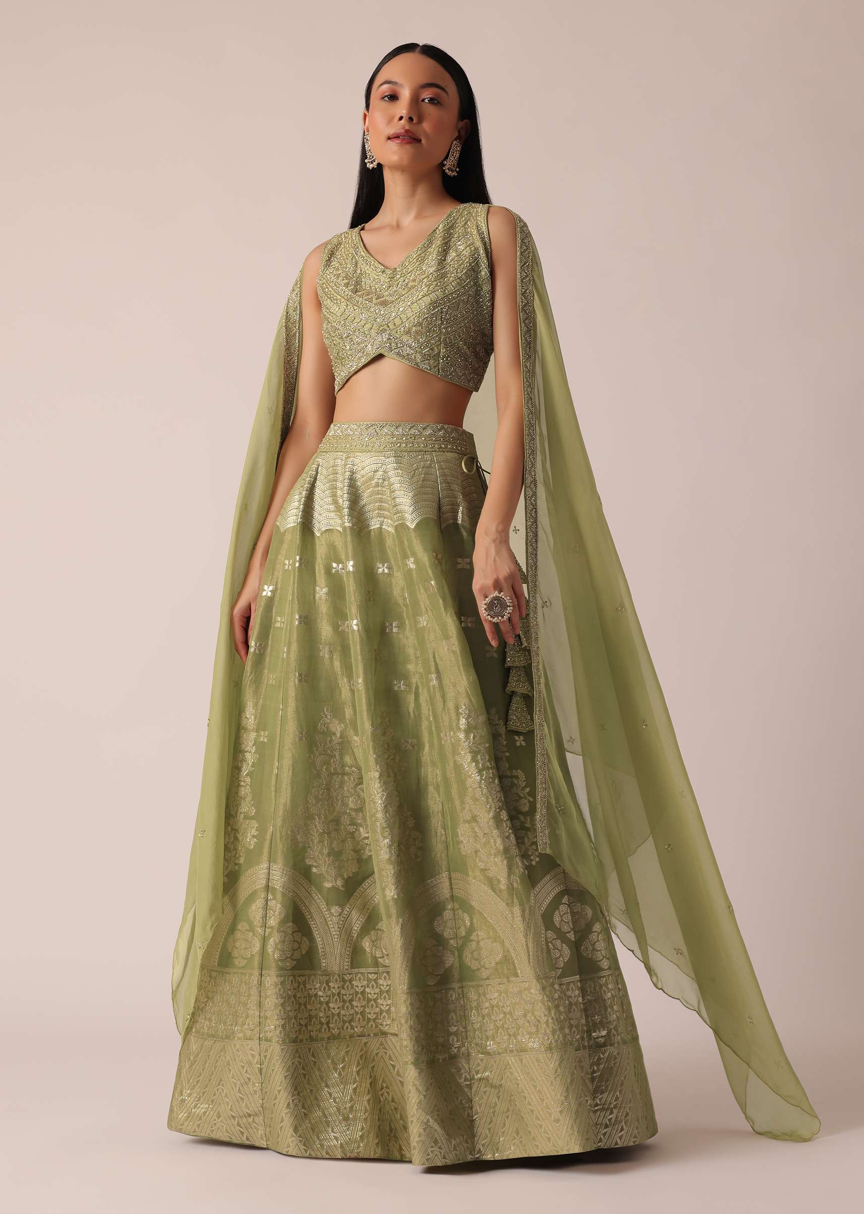 Green Brocade Handloom Lehenga Set - Image 7