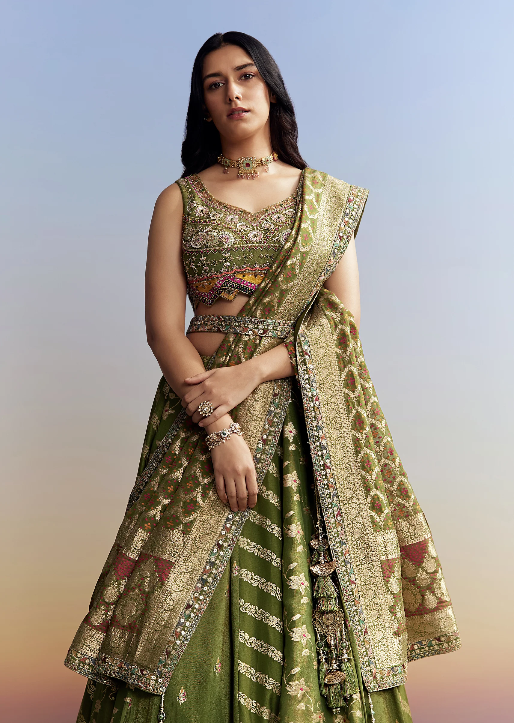 Green Celebration Duo – Tissue Bridesmaid Lehenga For Her And Chanderi Jacket Kurta Set For Him - Image 3