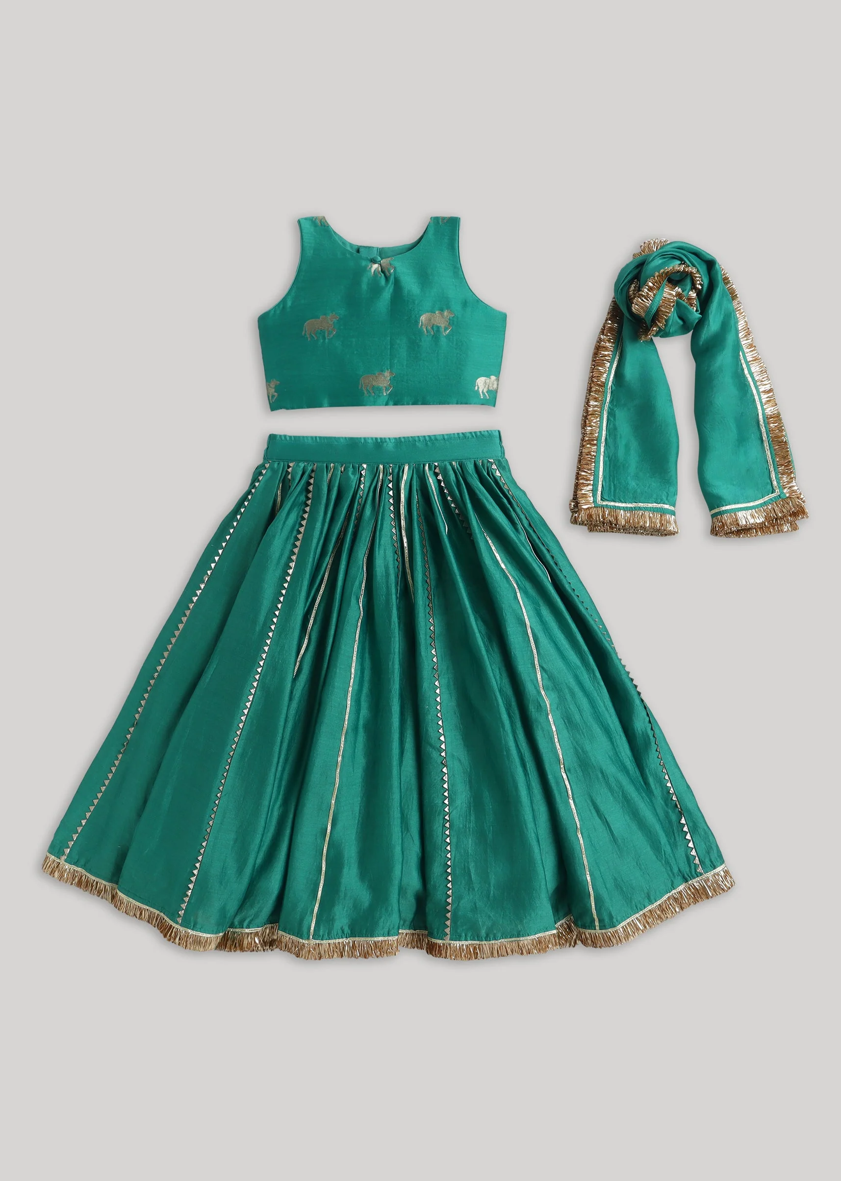 Green Chanderi Lehenga Set With Gotta Work - Image 3