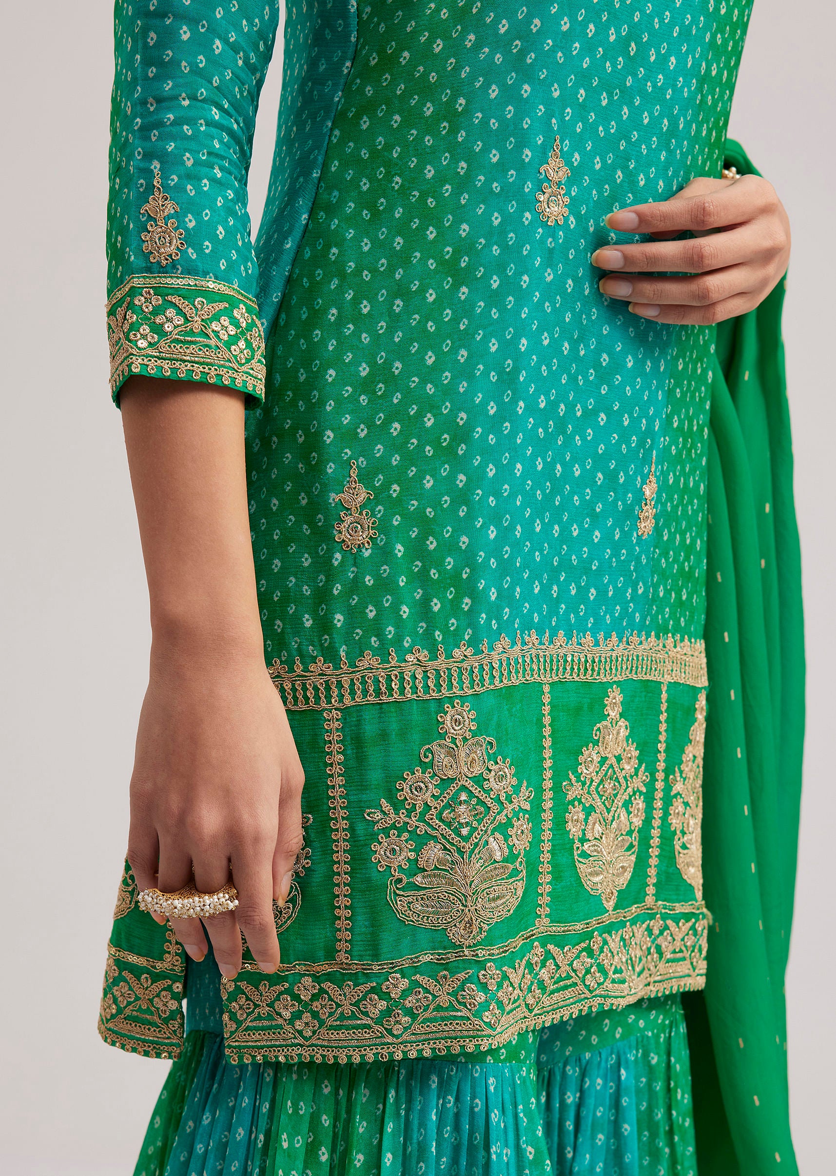 Green Chinon Bandhani Sharara Set - Image 4