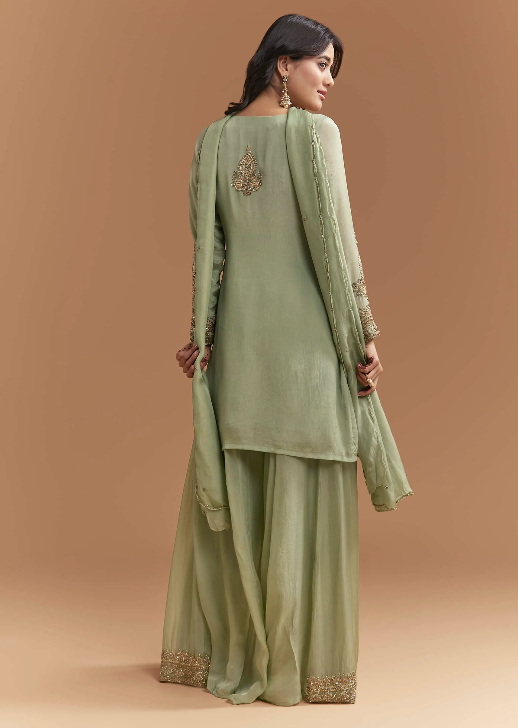 Green Chinon Palazzo Suit With Moti And Cutdana Embroidery - Image 3