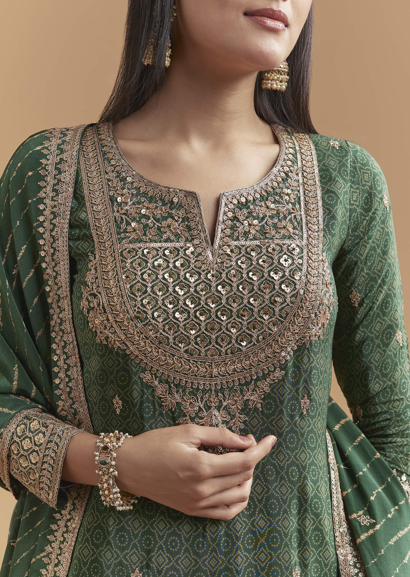 Green Crepe Palazzo Suit With Hand Embroidery And Bandhani Print - Image 2