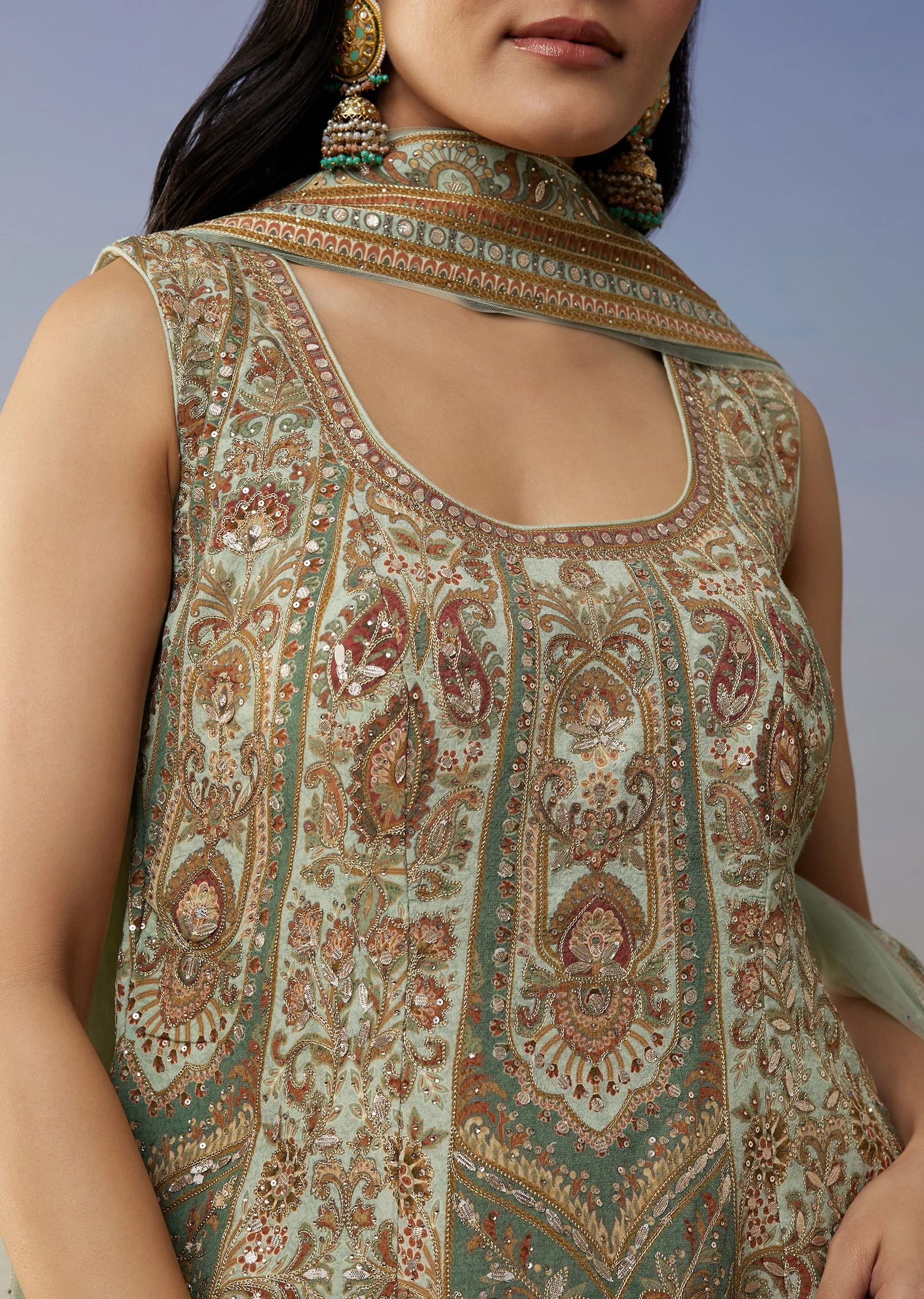 Green Crepe Palazzo Suits with Gotta Lace Work - Image 2