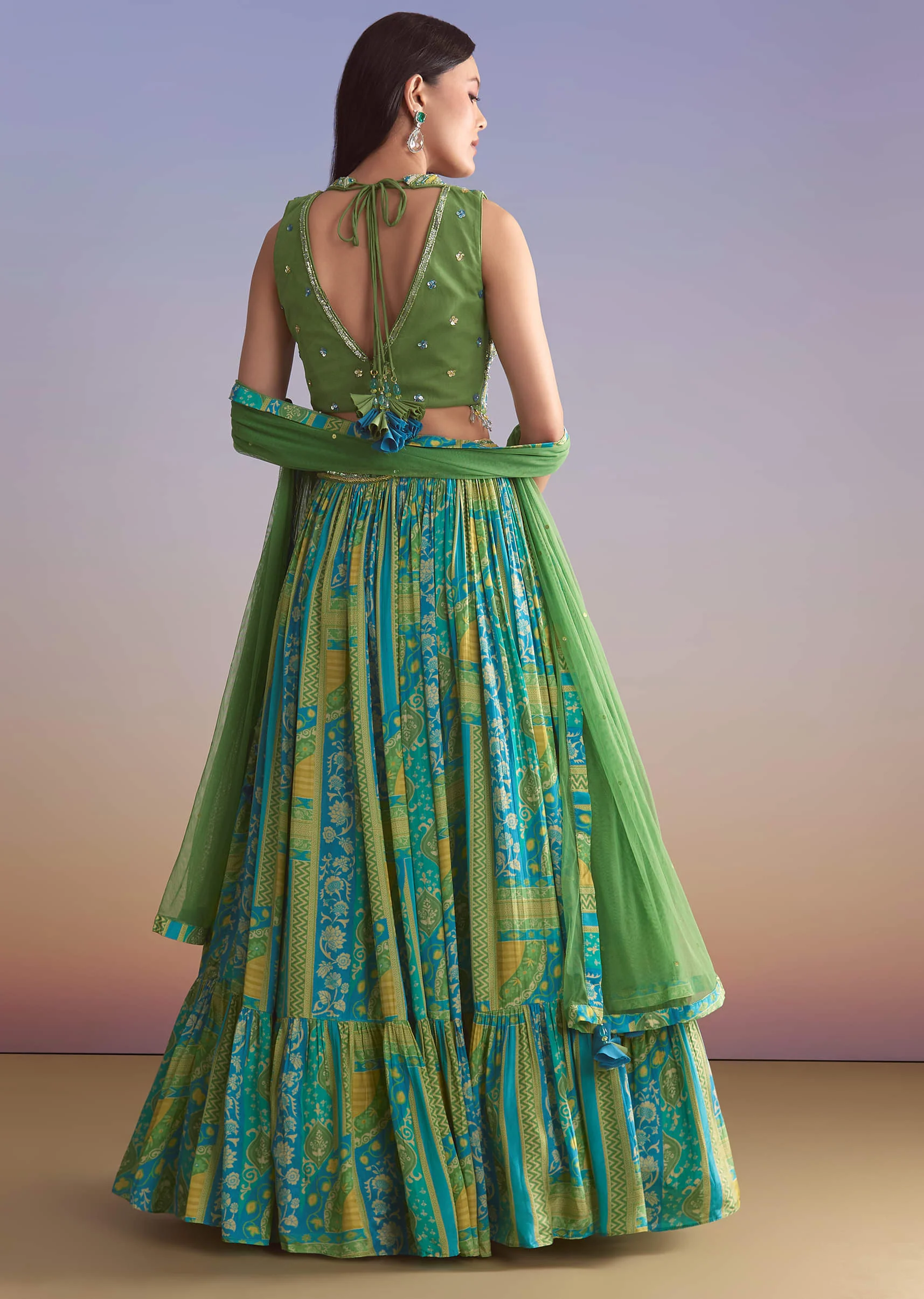 Green Crepe Printed Bridesmaid Lehenga With Embroidered Blouse - Image 2