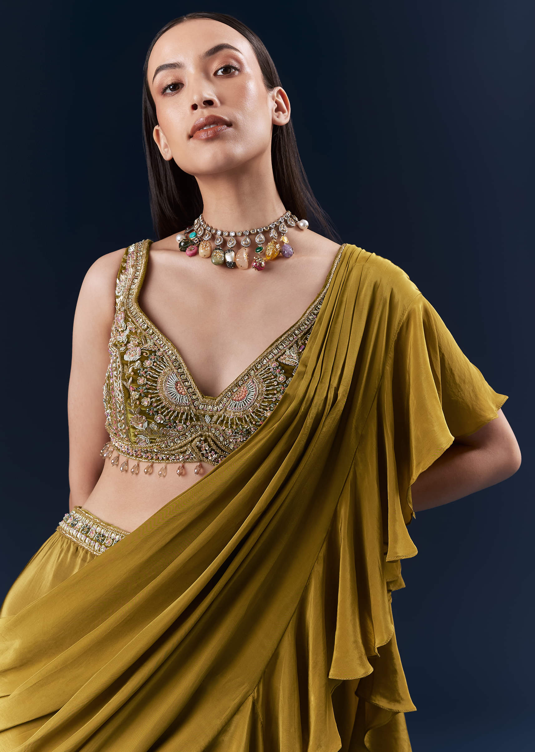 Green Crepe Ready Pleated Saree With Heavy Hand Embroidery - Image 5