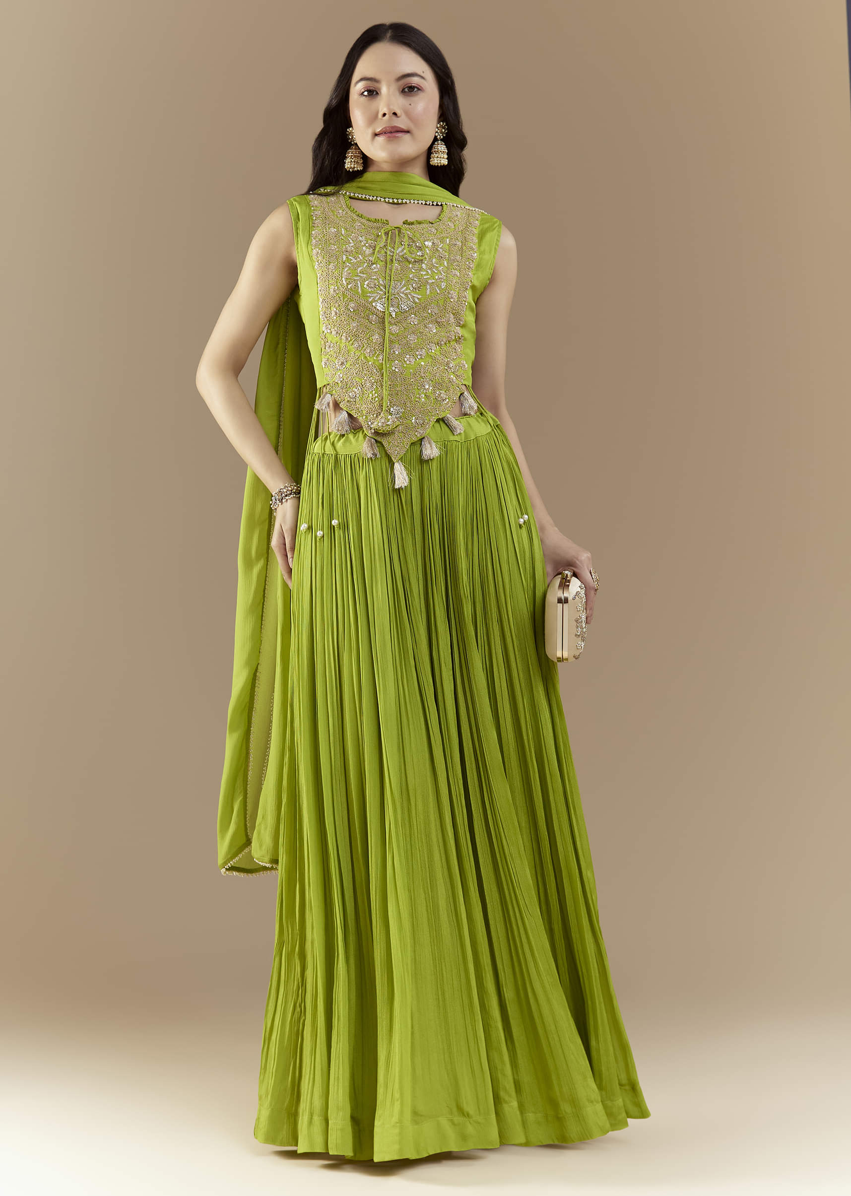 Green Crop Top Skirt Set with Zardozi Work - Image 3