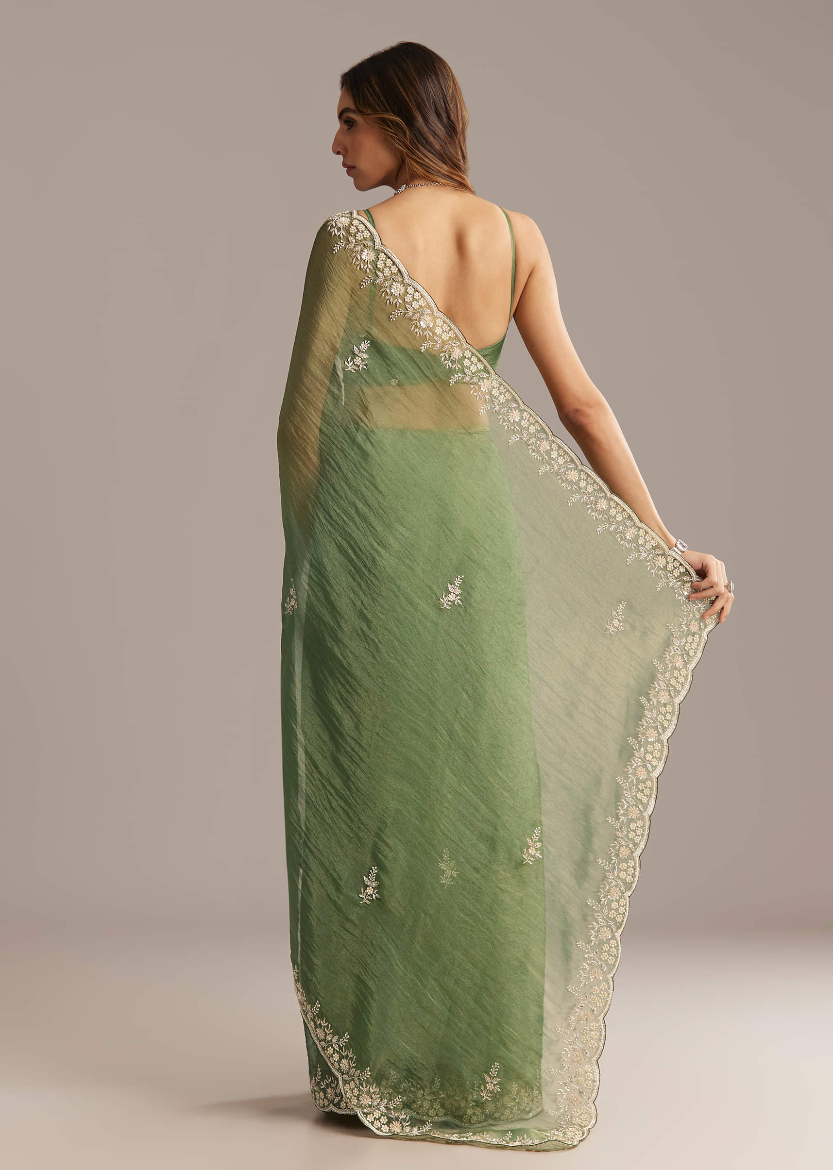 Green Crush Tissue Saree With Floral Embroidery And Stones - Image 2