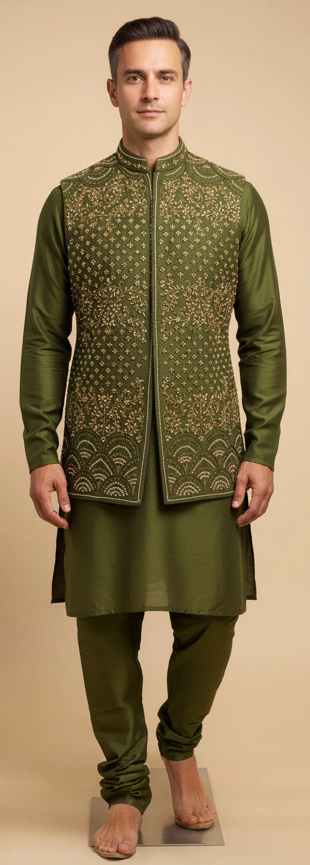 Green Designer Jacket Kurta Set - Image 2