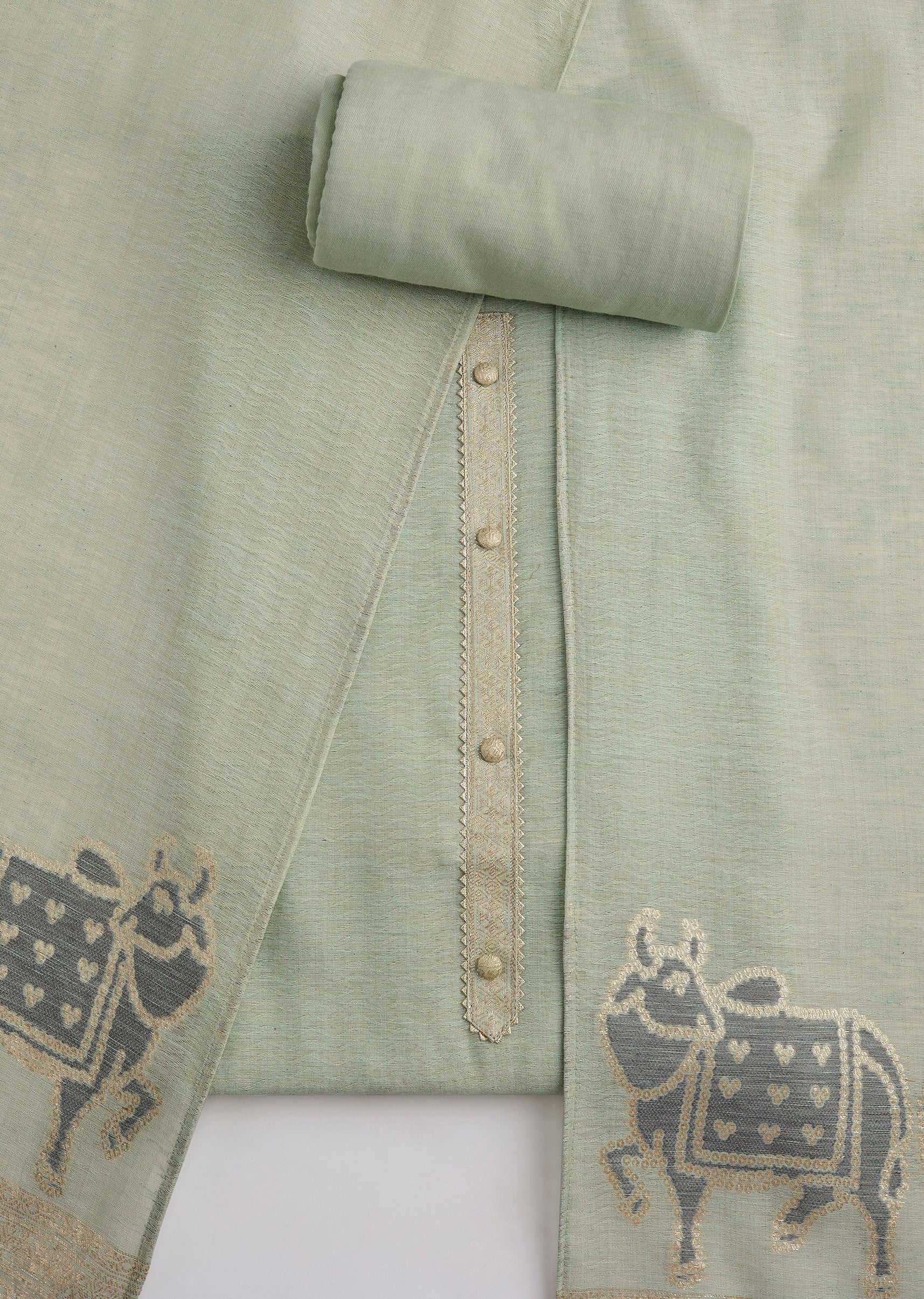 Green Dola Silk Woven Unstitched Suit Set With Dupatta