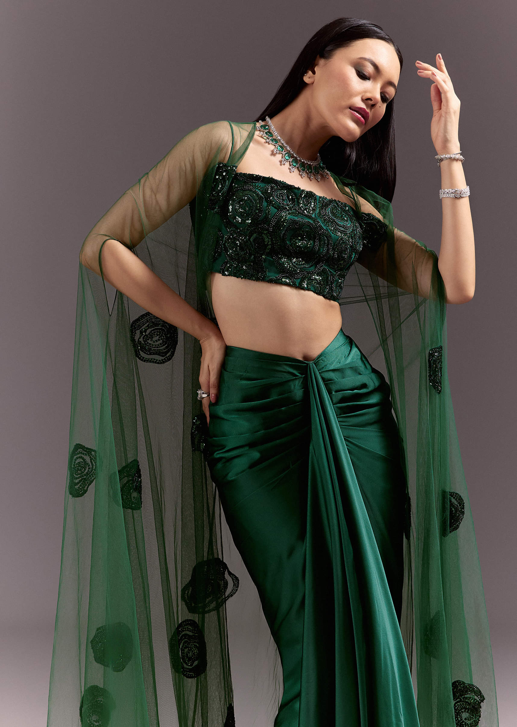 Green Drape Skirt Patched Jacket Set With Square Neck Blouse - Image 2