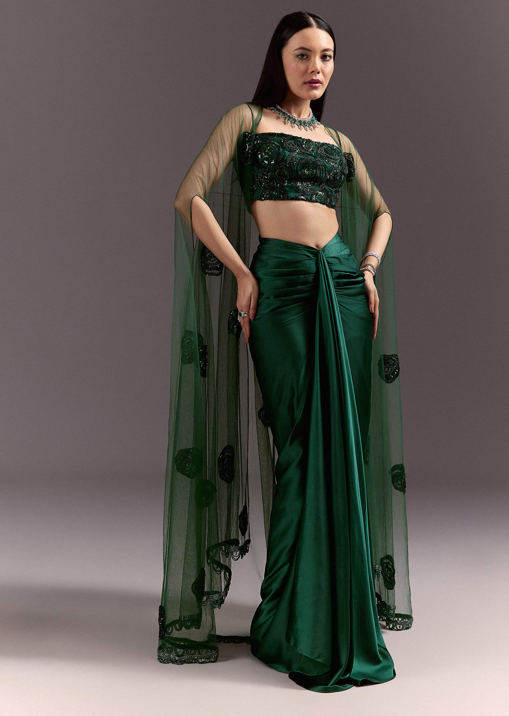 Green Drape Skirt Patched Jacket Set With Square Neck Blouse - Image 4