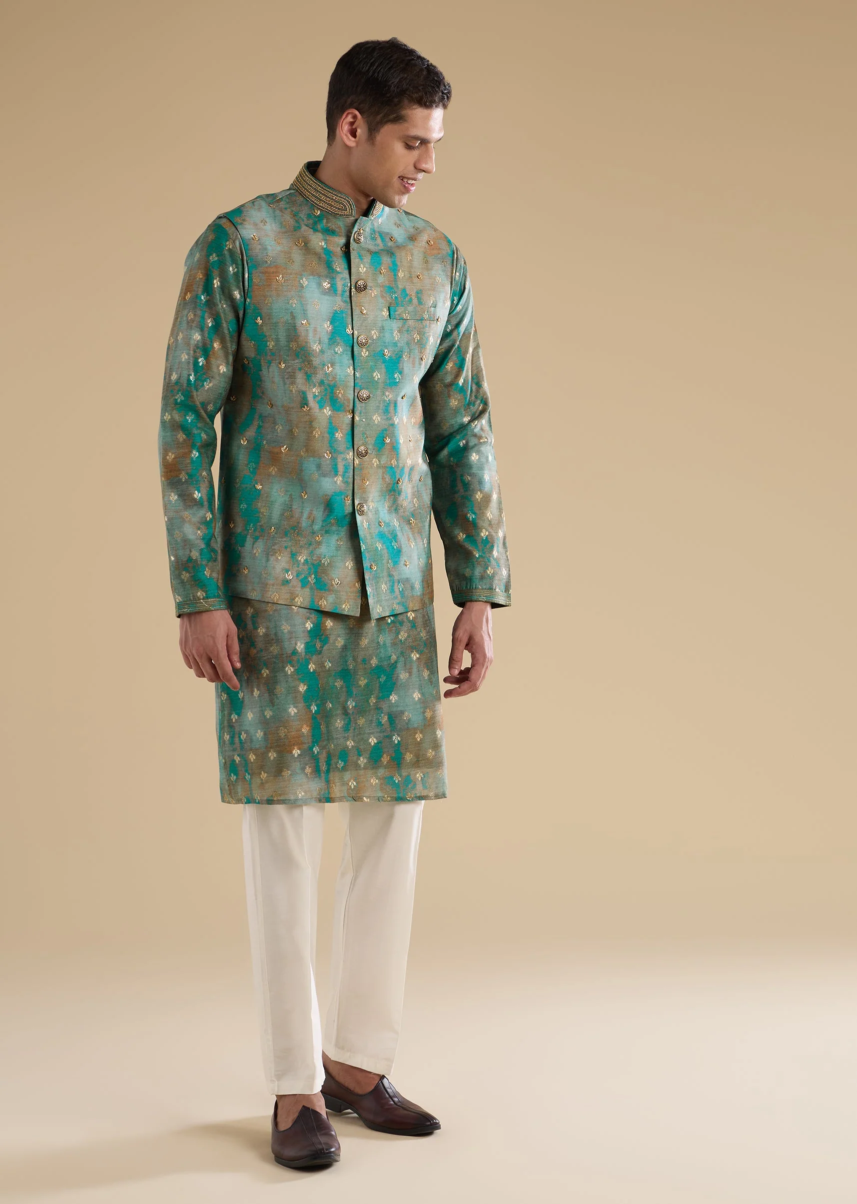 Green Embellished Silk Kurta And Jackets Set