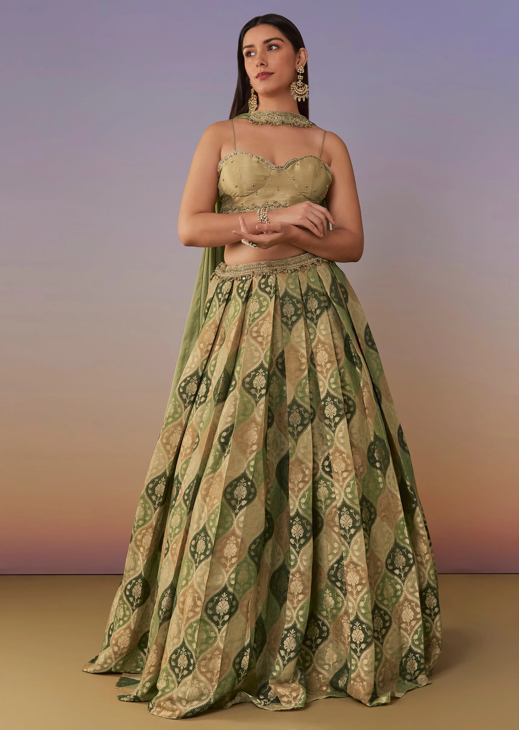 Green Embellished Spaghetti Blouse Lehenga Set With Choker Dupatta