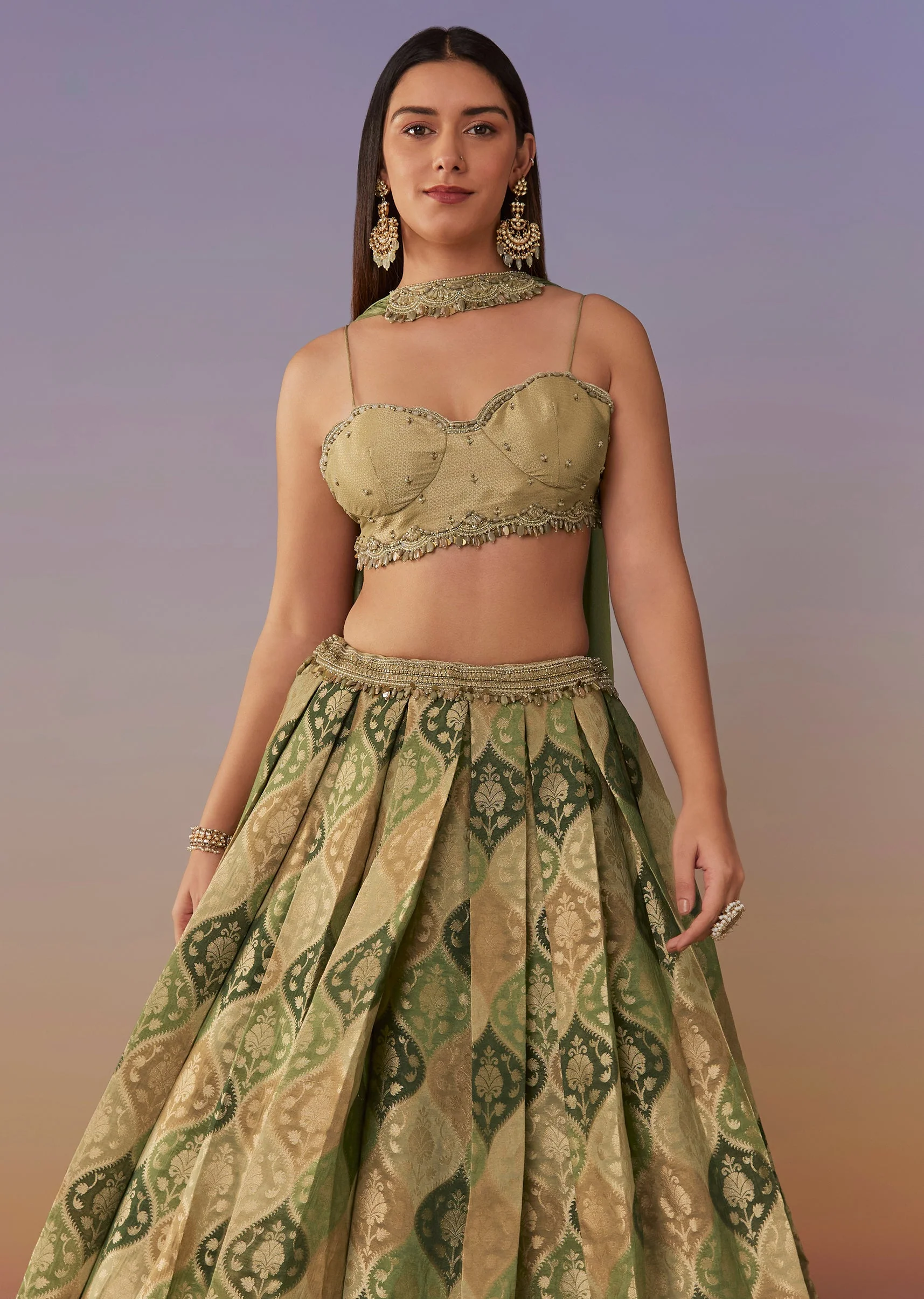 Green Embellished Spaghetti Blouse Lehenga Set With Choker Dupatta - Image 5