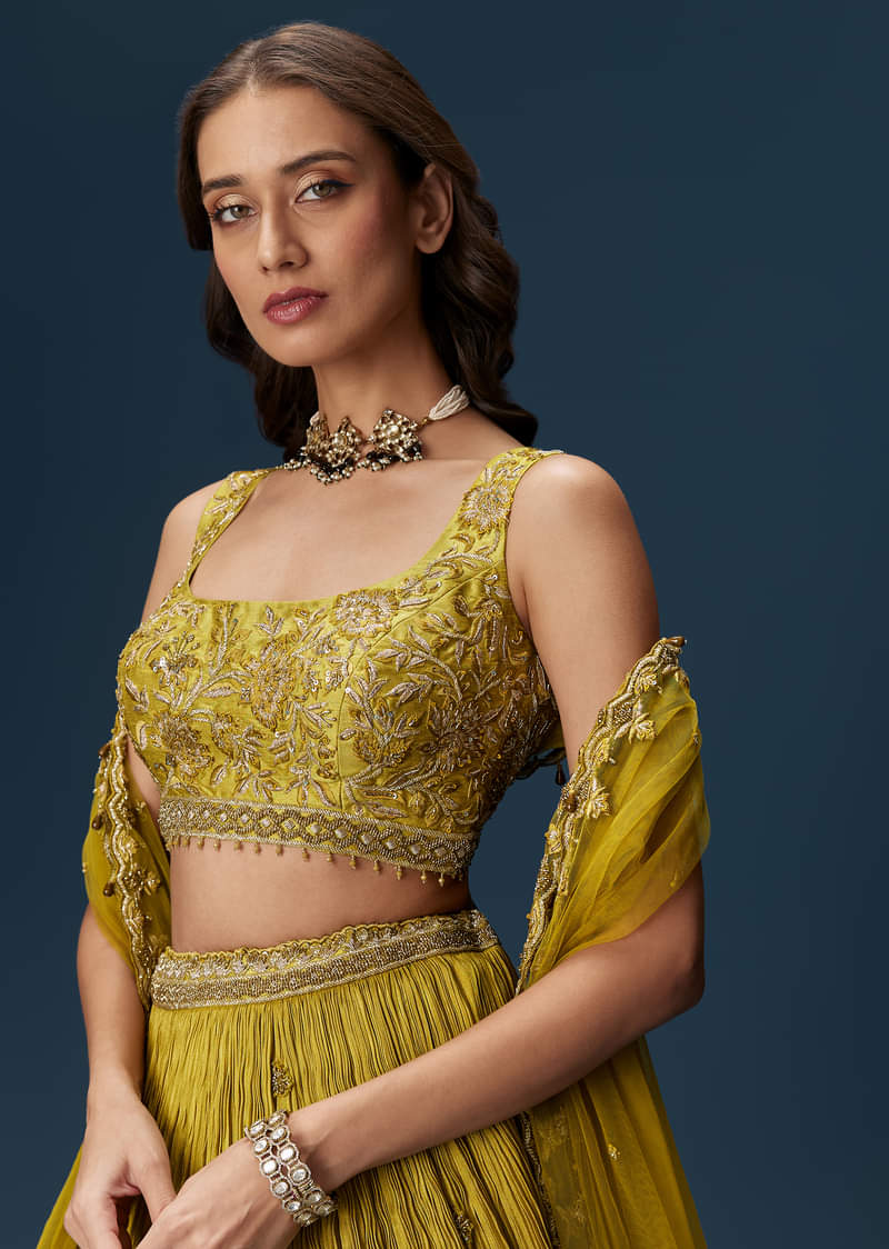 Green Embroidered Bridesmaid Lehenga With Dupatta - Image 4