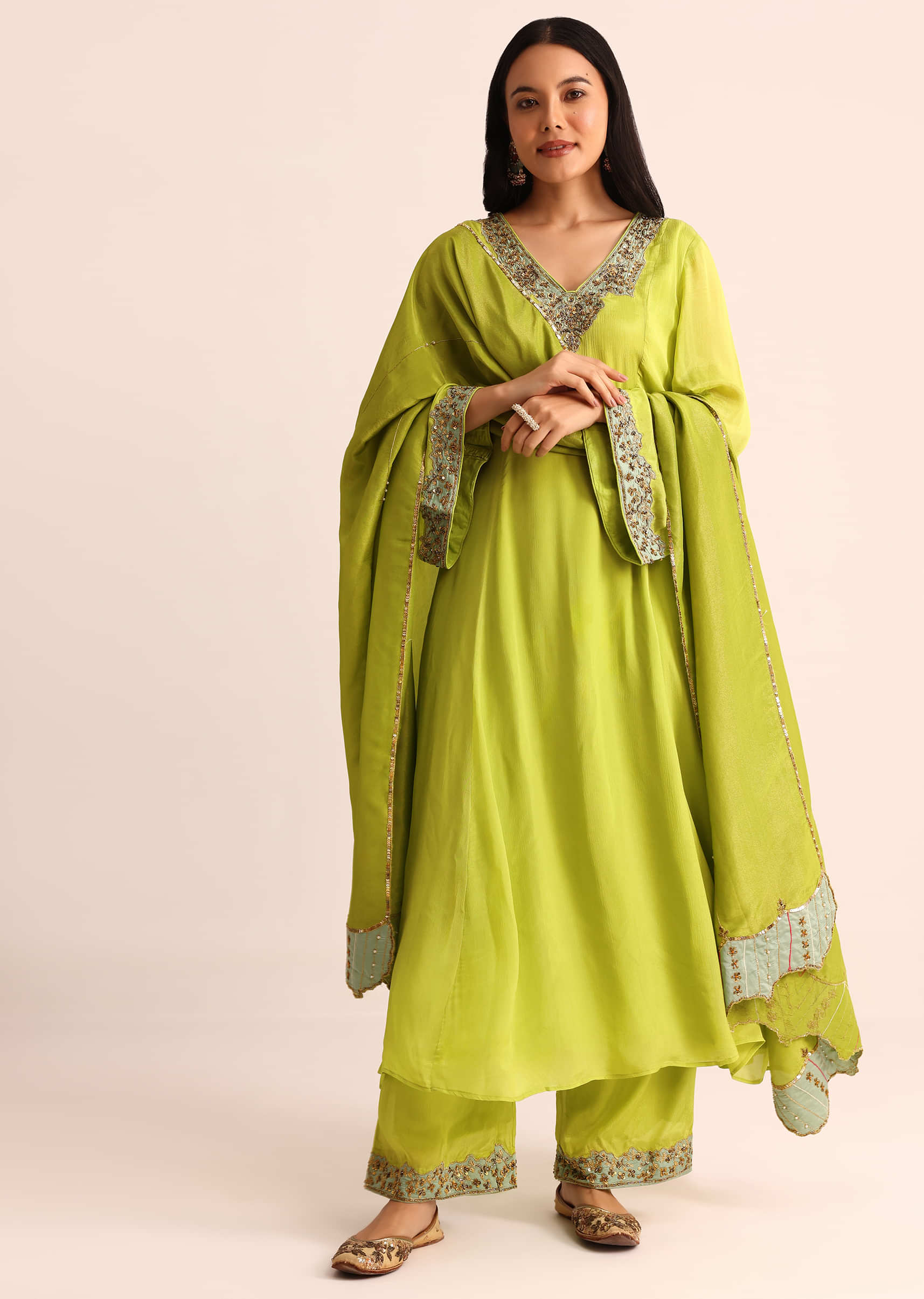 Green Embroidered Chiffon Kurta Palazzo With Dupatta - Image 3