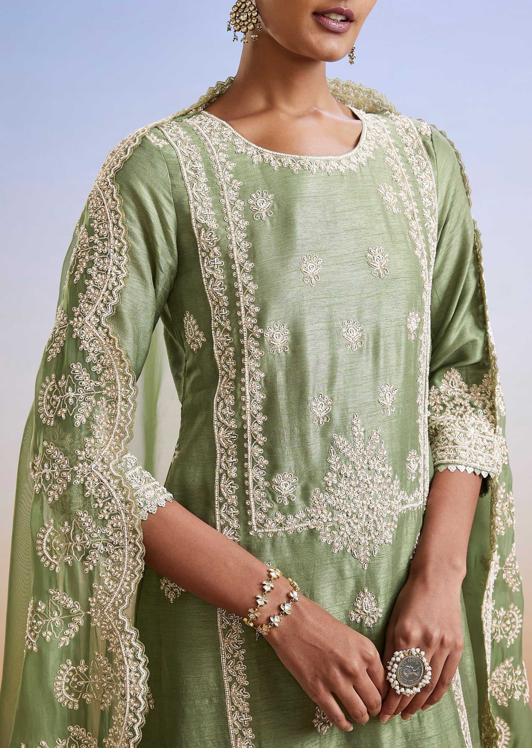 Green Embroidered Dola Silk Palazzo Suit With Dupatta - Image 2