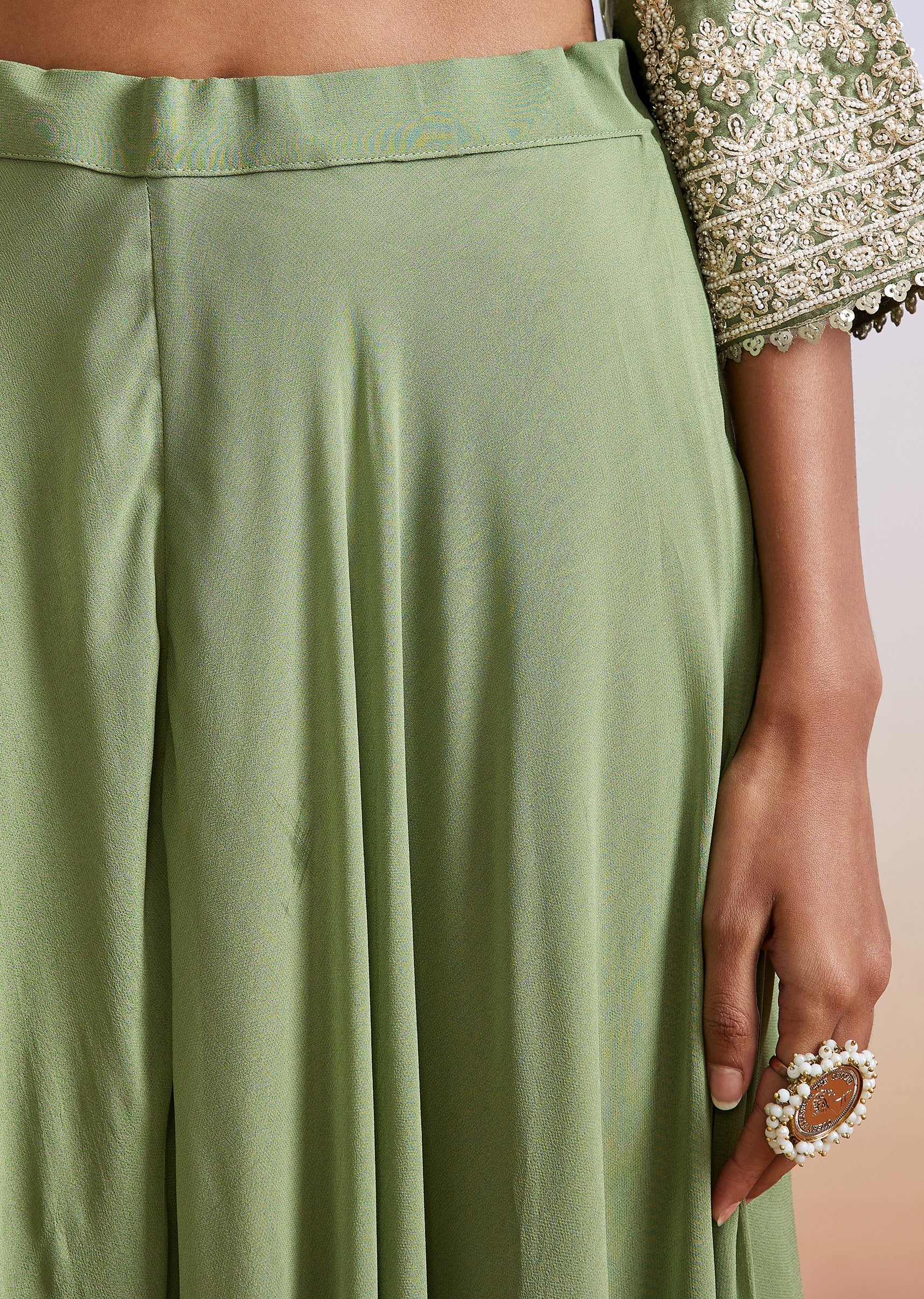 Green Embroidered Dola Silk Palazzo Suit With Dupatta - Image 6