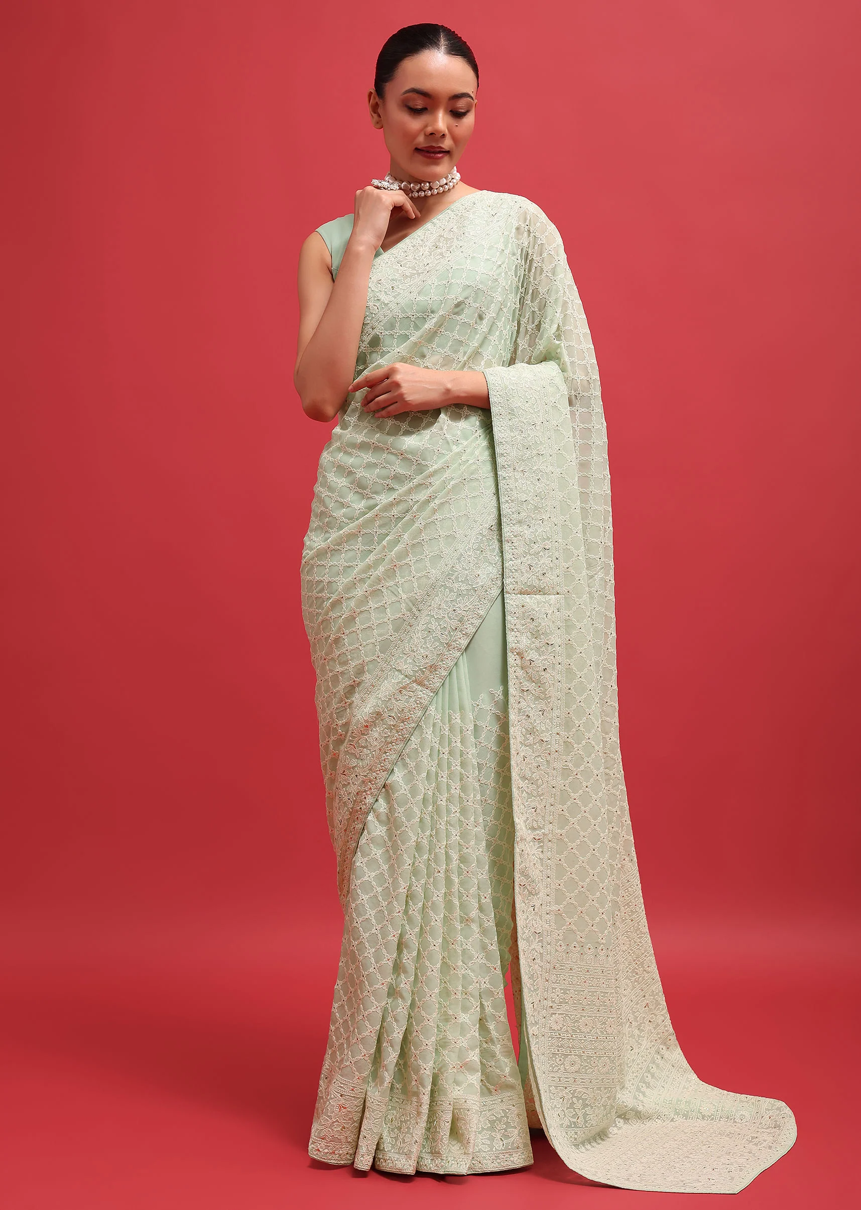 Green Embroidered Georgette Chikankari Saree With Unstitched Blouse - Image 3
