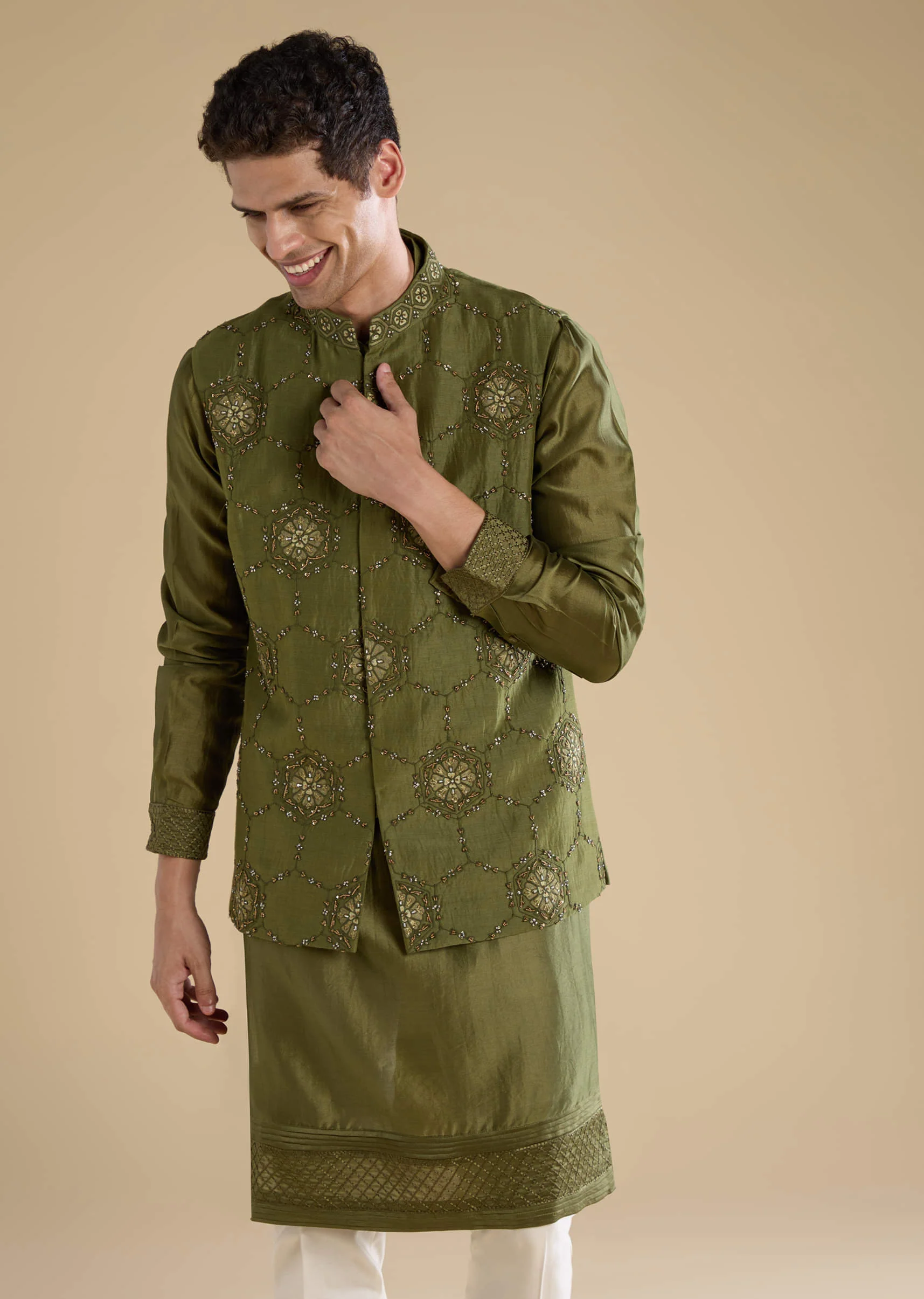 Green Embroidered Mens Satin Jacket Kurta and Pant Set - Image 4