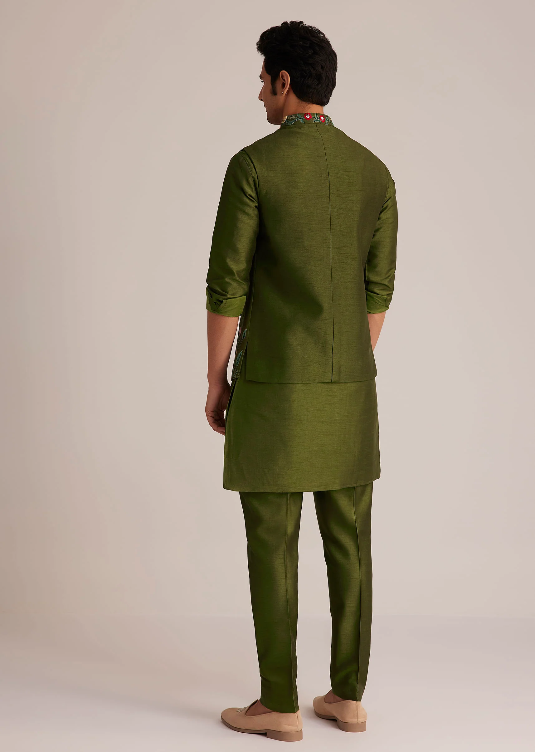 Green Embroidered Nehru Jacket With Bird Detailing - Image 5