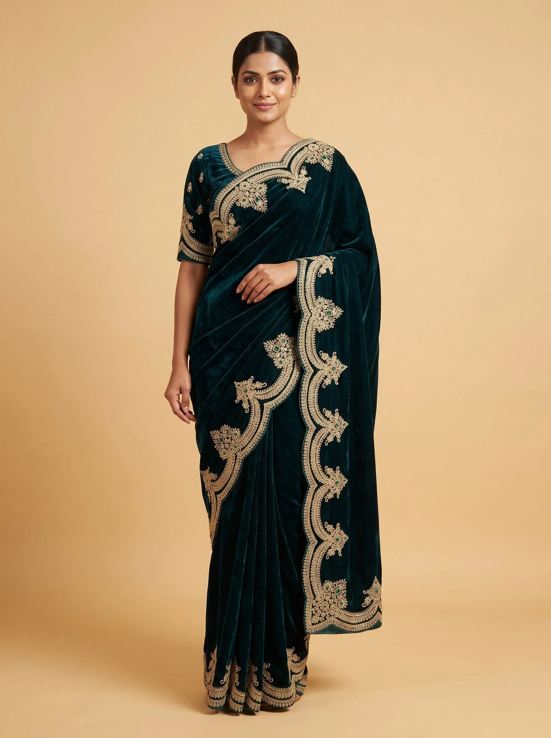 Green embroidered saree with ornate border