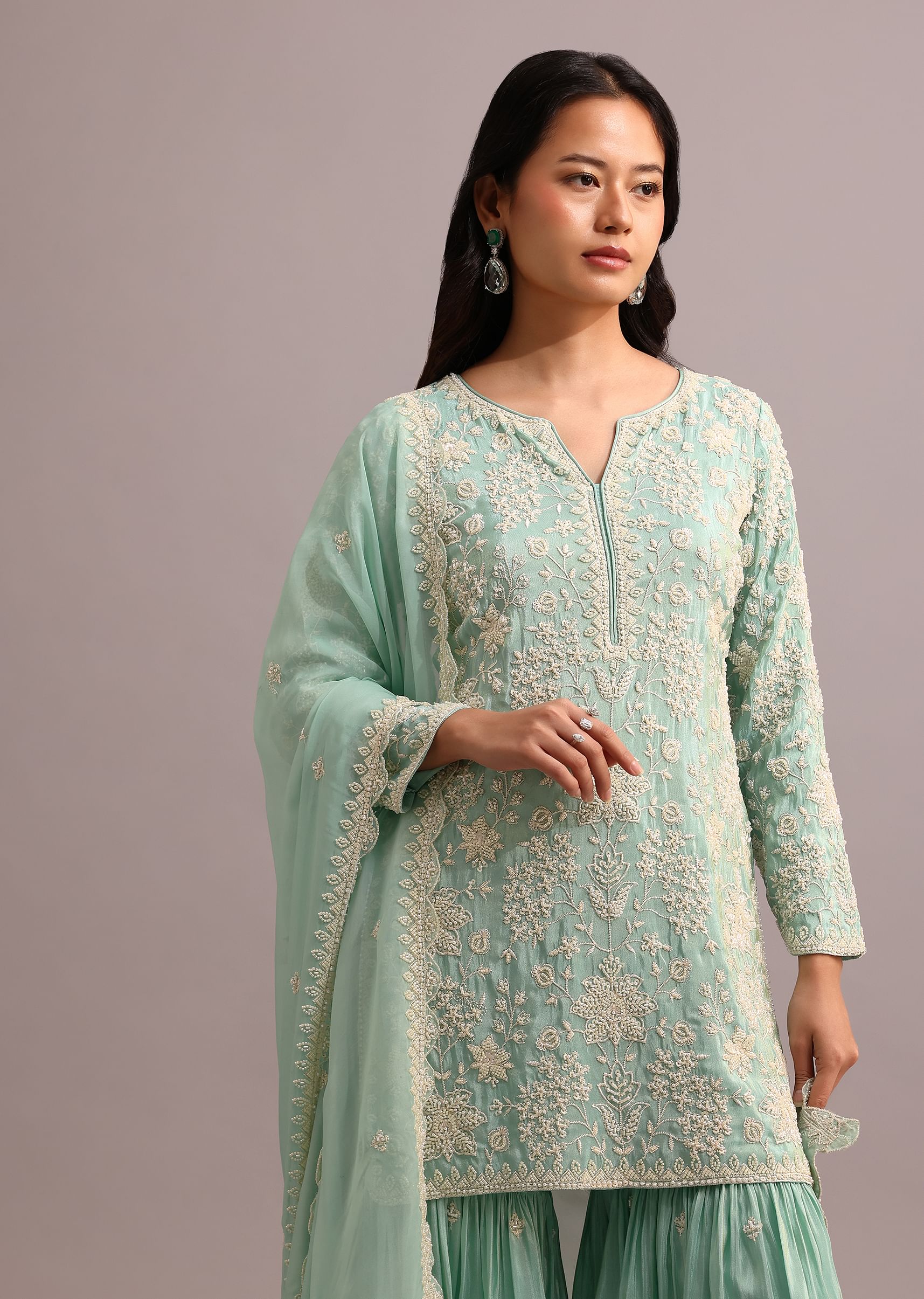 Green Embroidered Sharara Set With Butti Work On Organza Dupatta - Image 4