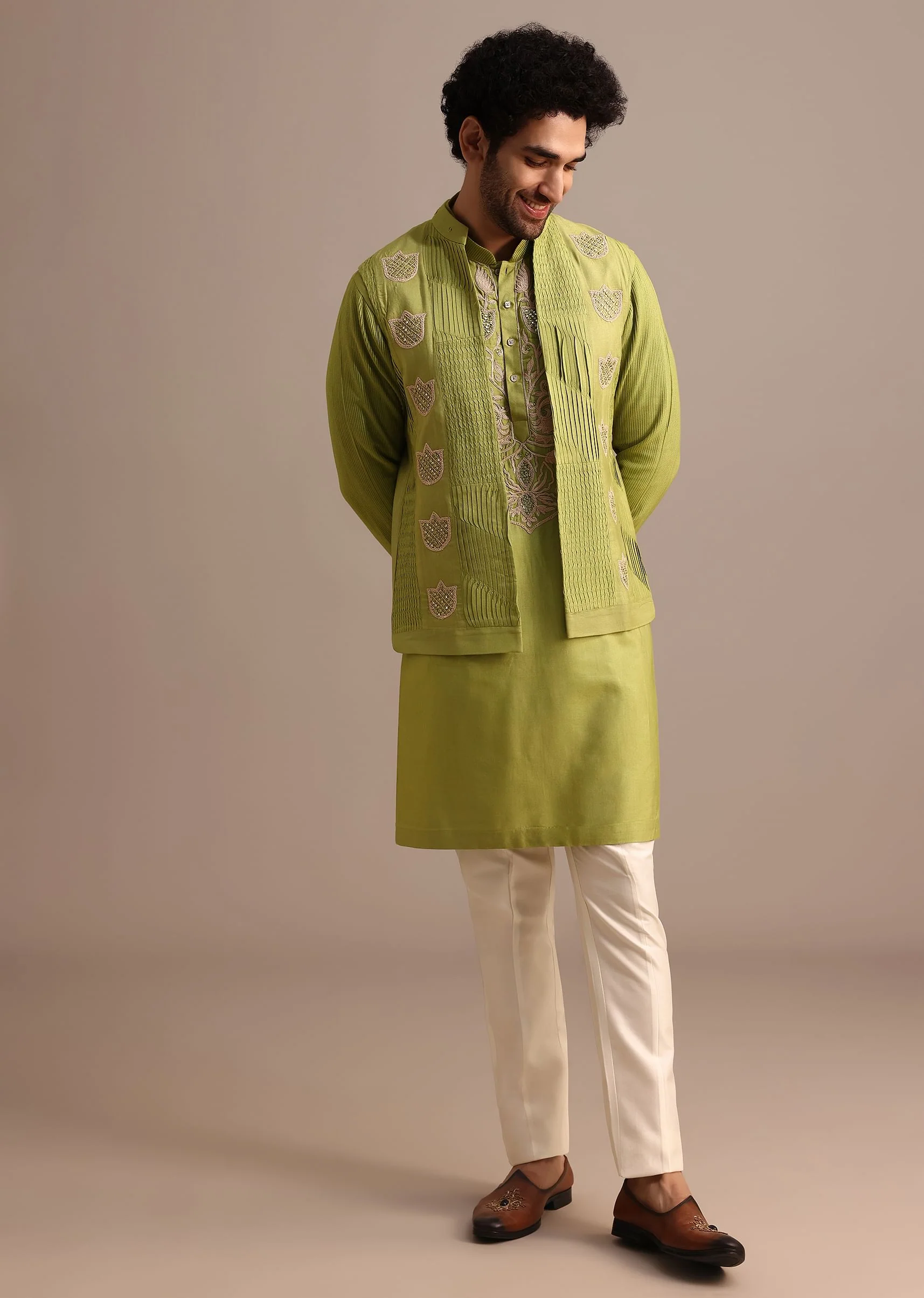 Green Embroidered Silk Kurta Jacket Set For Men - Image 2