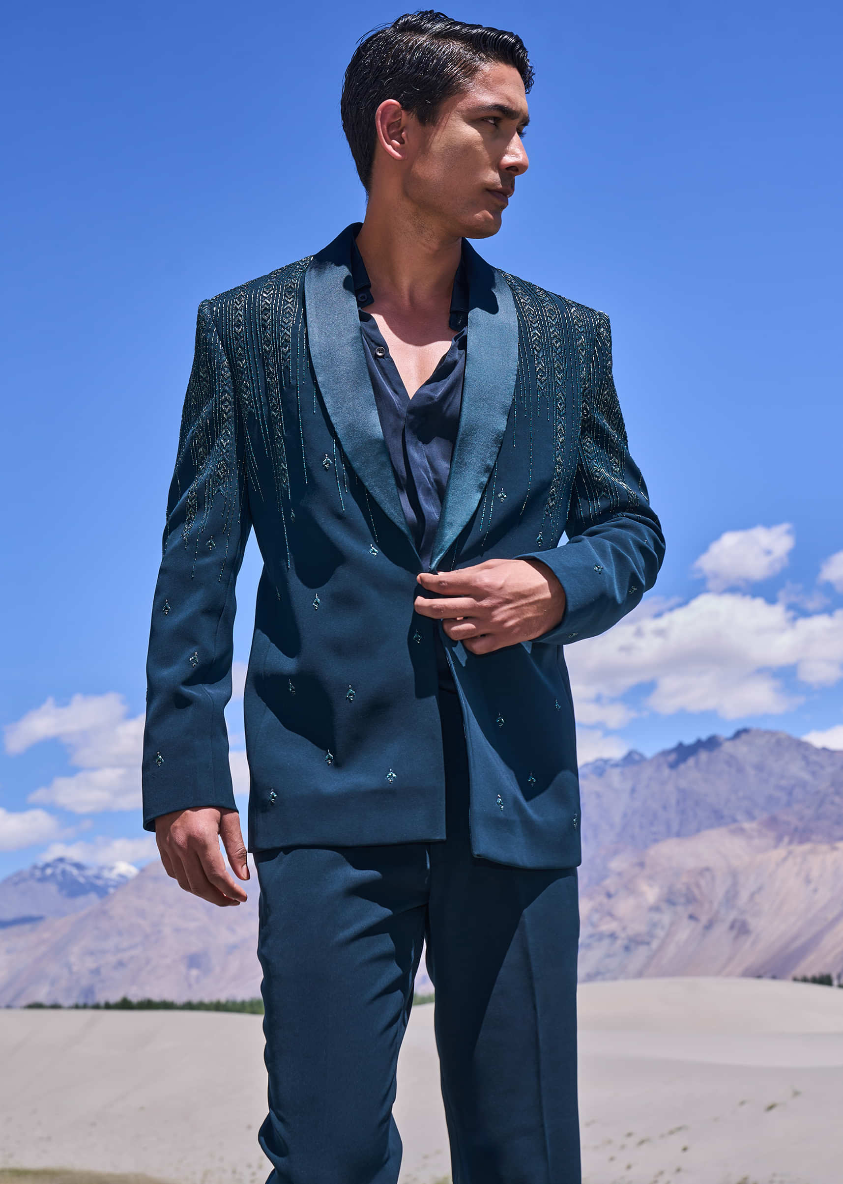 Green Embroidered Tuxedo Set With Placket Shirt And Pant - Image 2