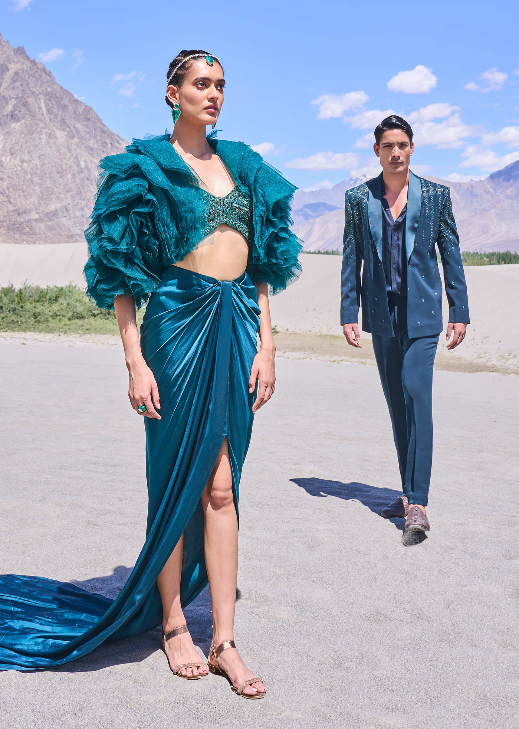 Green Embroidered Tuxedo Set With Placket Shirt And Pant - Image 3