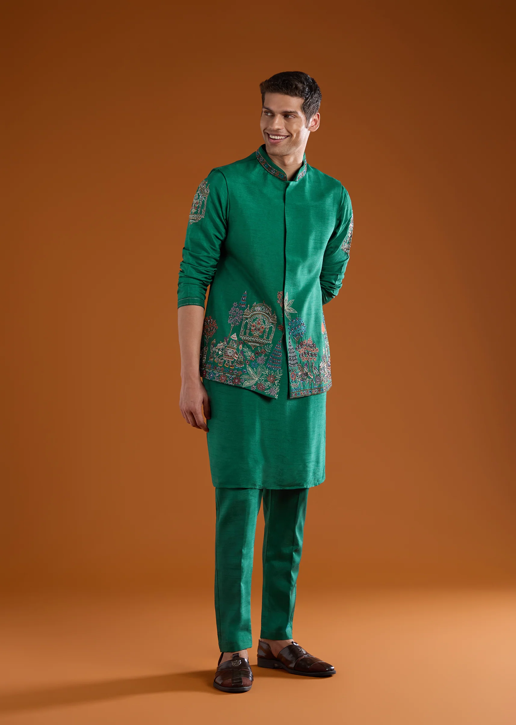 Green Festive Pair – Zardosi Suit For Her And Jacket Kurta Set For Him - Image 7