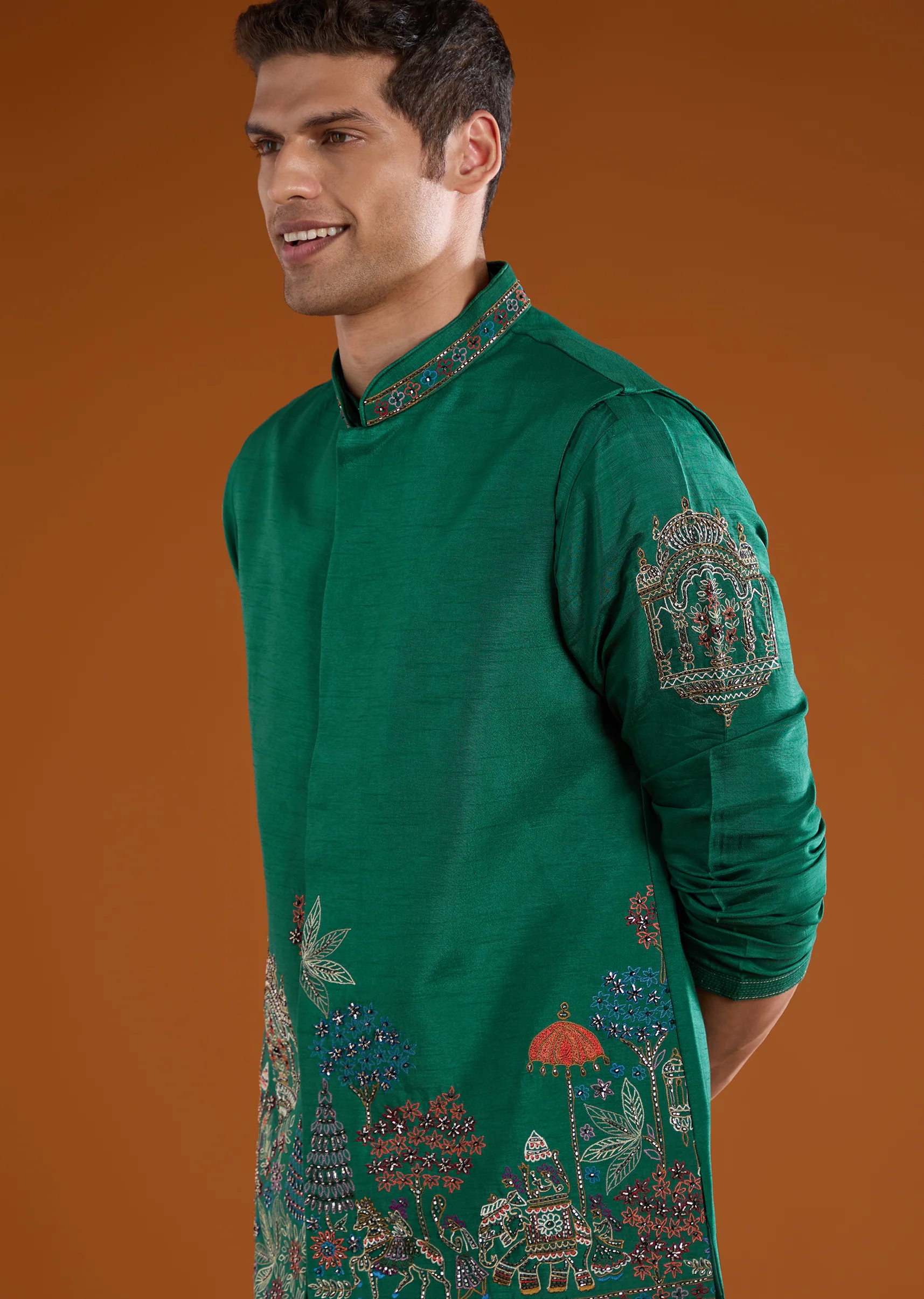 Green Festive Pair – Zardosi Suit For Her And Jacket Kurta Set For Him - Image 9