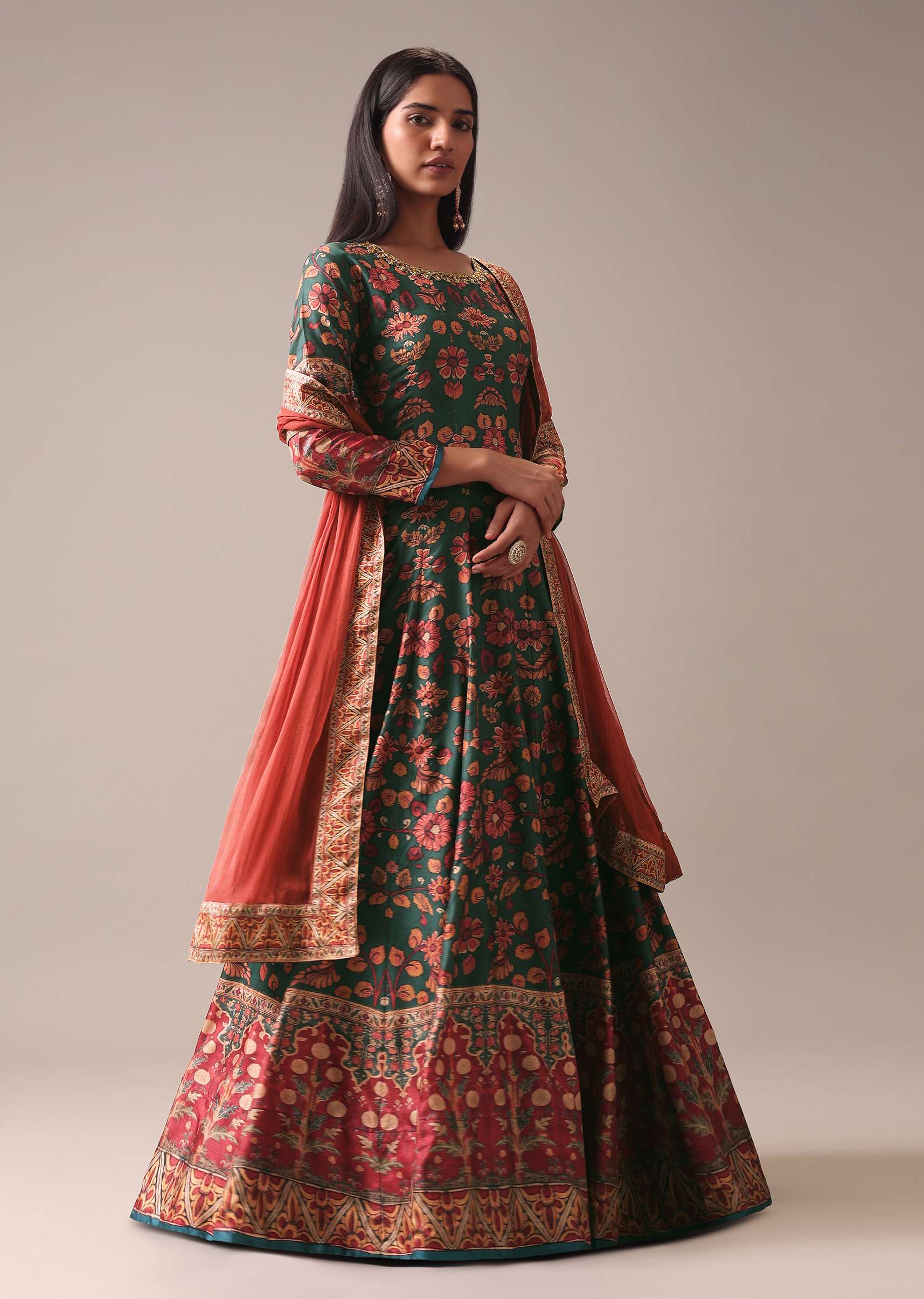 Green Floral Printed Anarkali Suit Set In Silk - Image 3