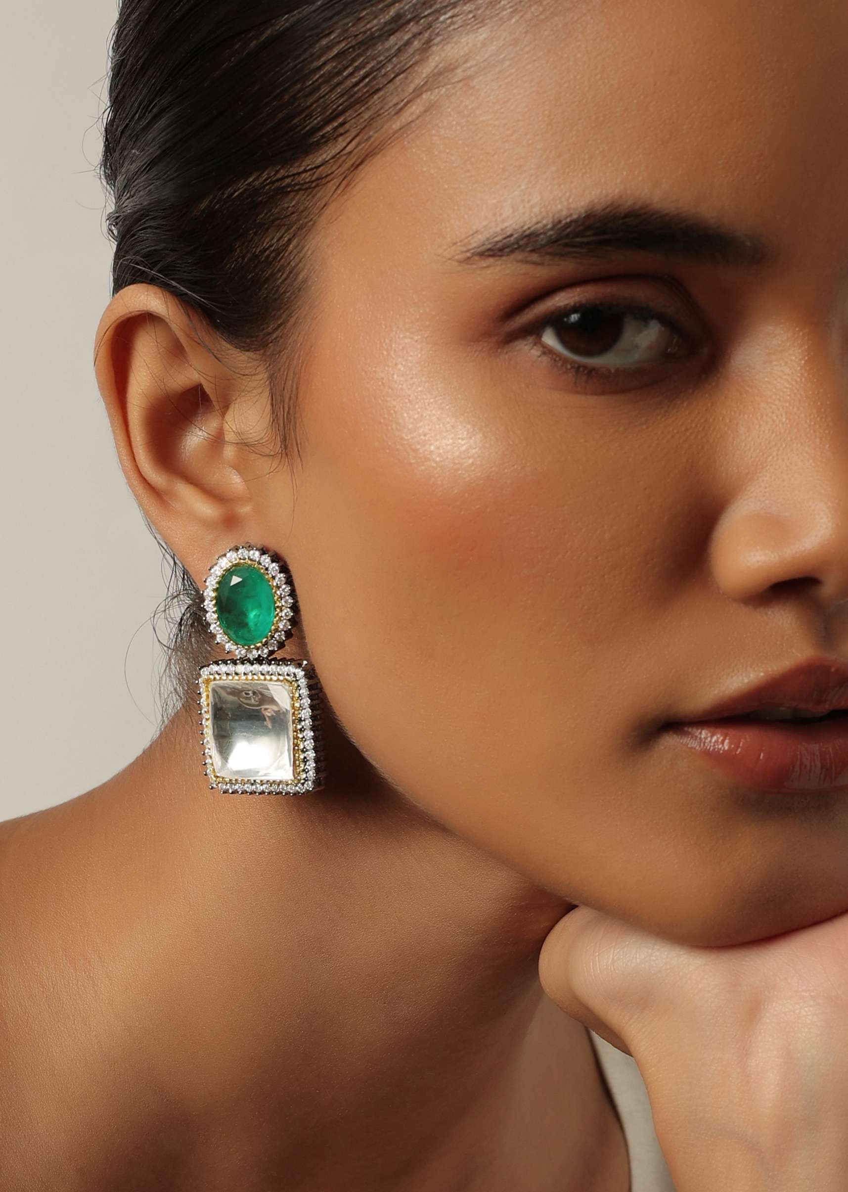 Green Geometric Danglers With Polki Drop - Image 2