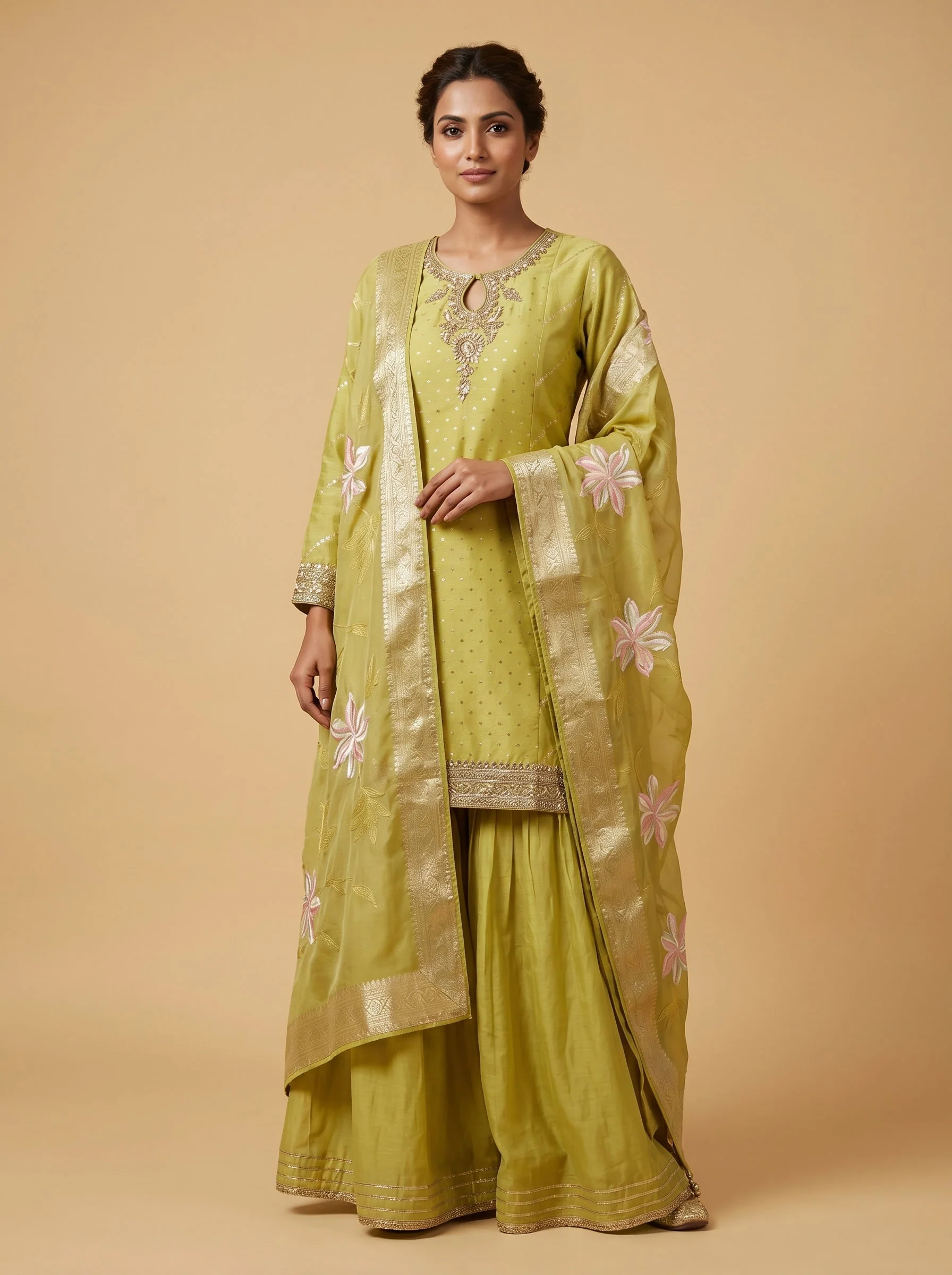 Green Georgette Embroidered Sharara Set