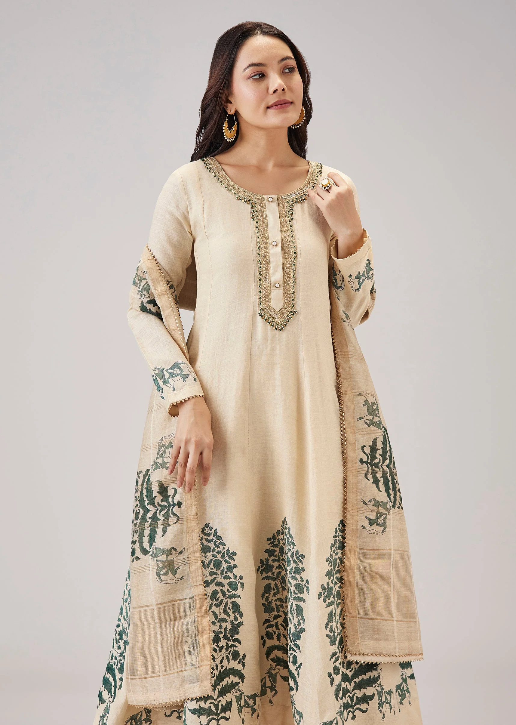 Green Hand Block Print Anarkali With Zardosi Detailing - Image 4