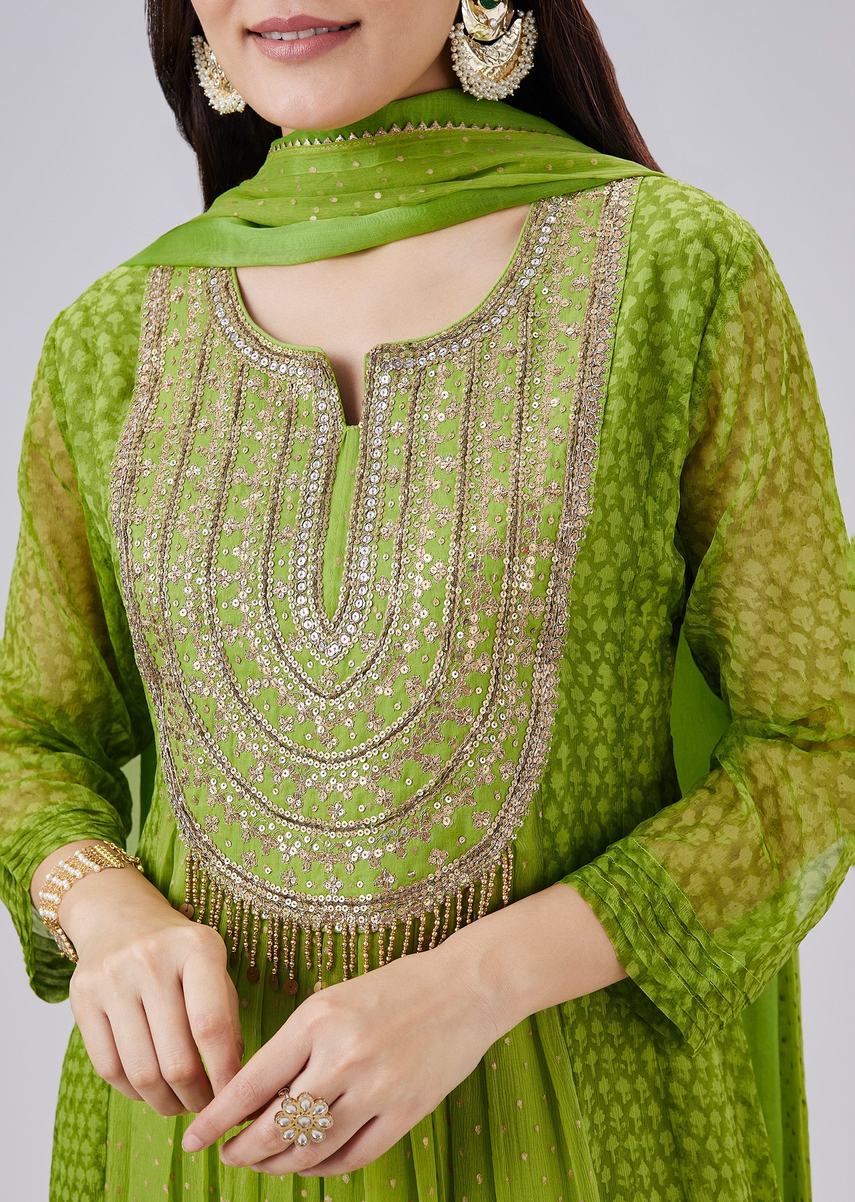 Green Hand Block Printed Chiffon Anarkali Set With Dupatta - Image 2