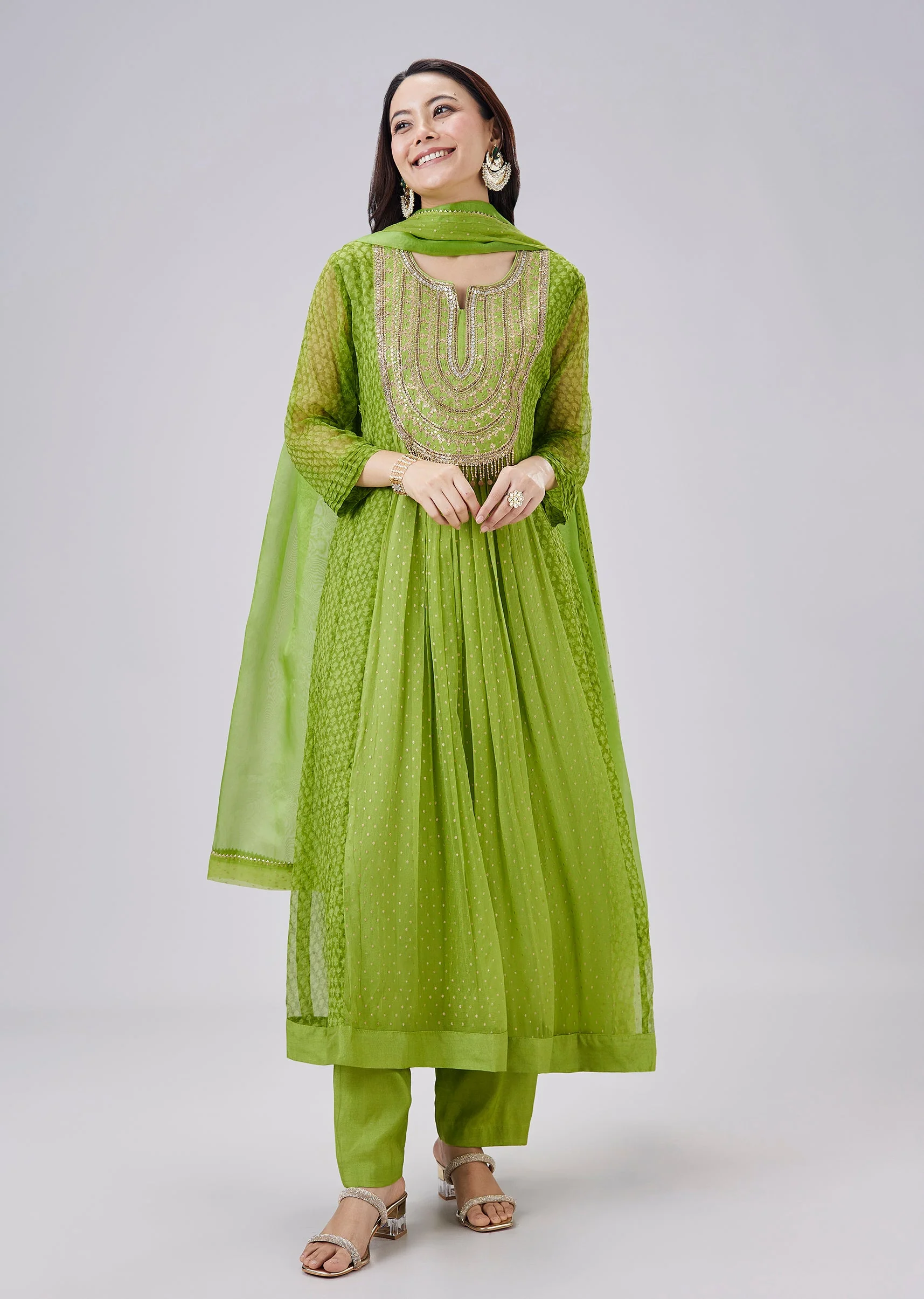 Green Hand Block Printed Chiffon Anarkali Set With Dupatta - Image 3