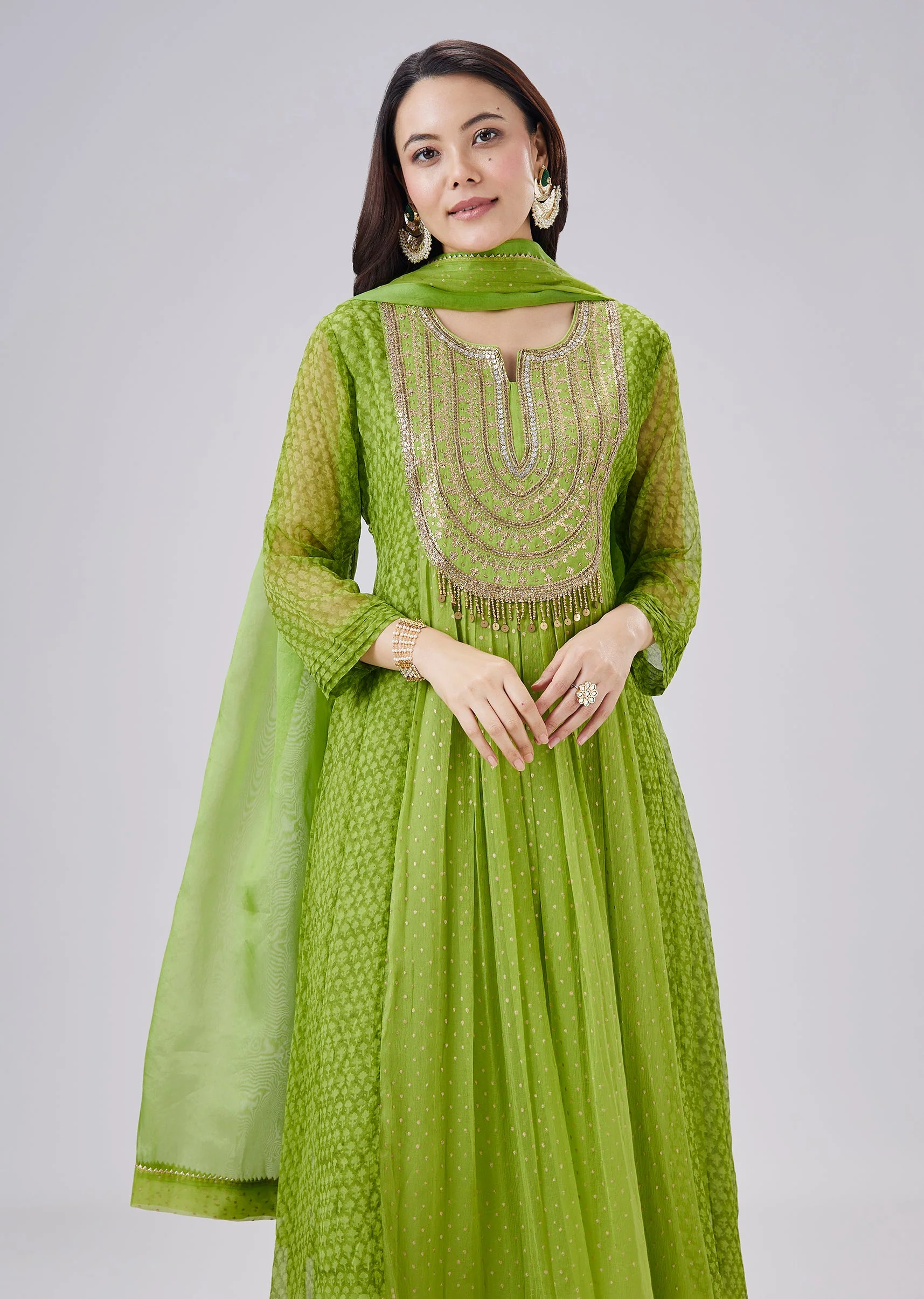 Green Hand Block Printed Chiffon Anarkali Set With Dupatta - Image 4
