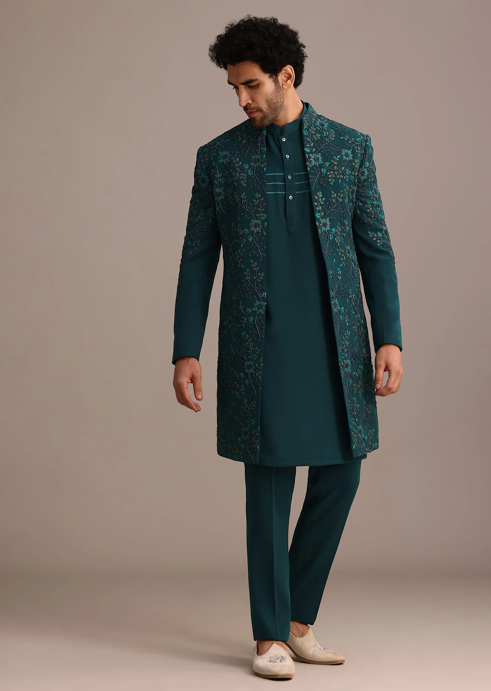 Green Hand Embroidered Indo Western Suit - Image 4