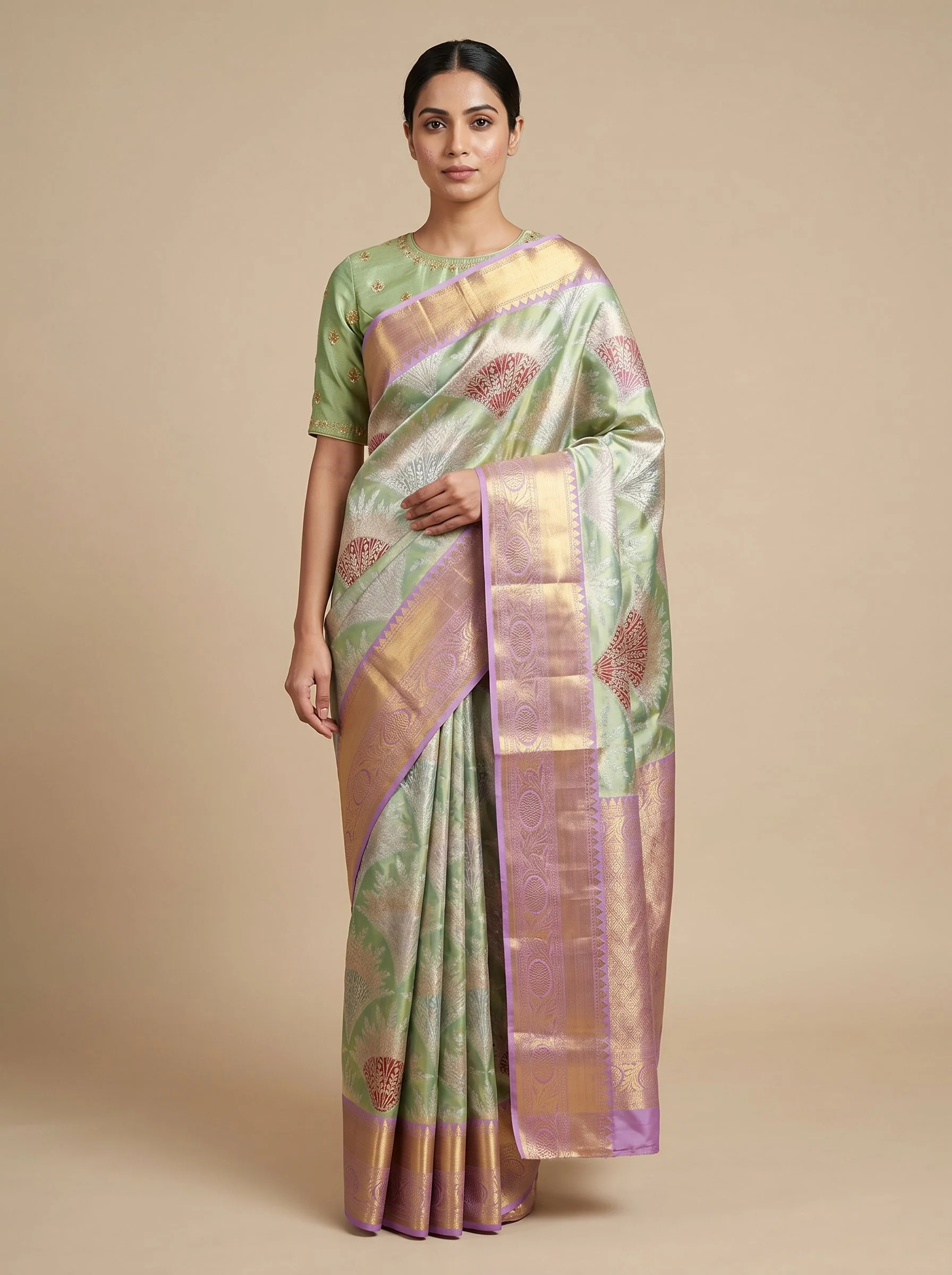 Green handloom saree with zari accents