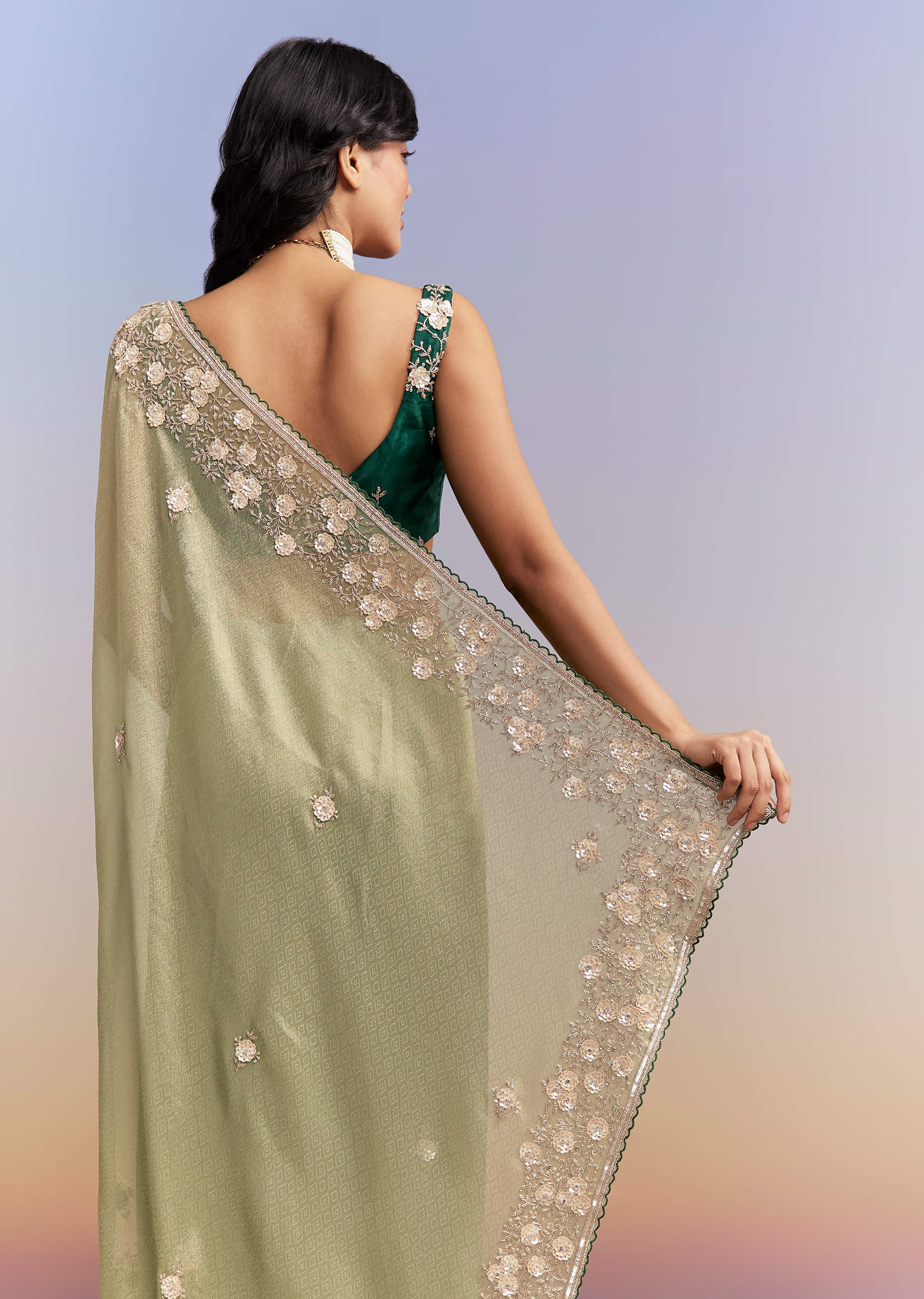 Green Jacquard Tissue Saree With Heavy Hand Embroidery - Image 6