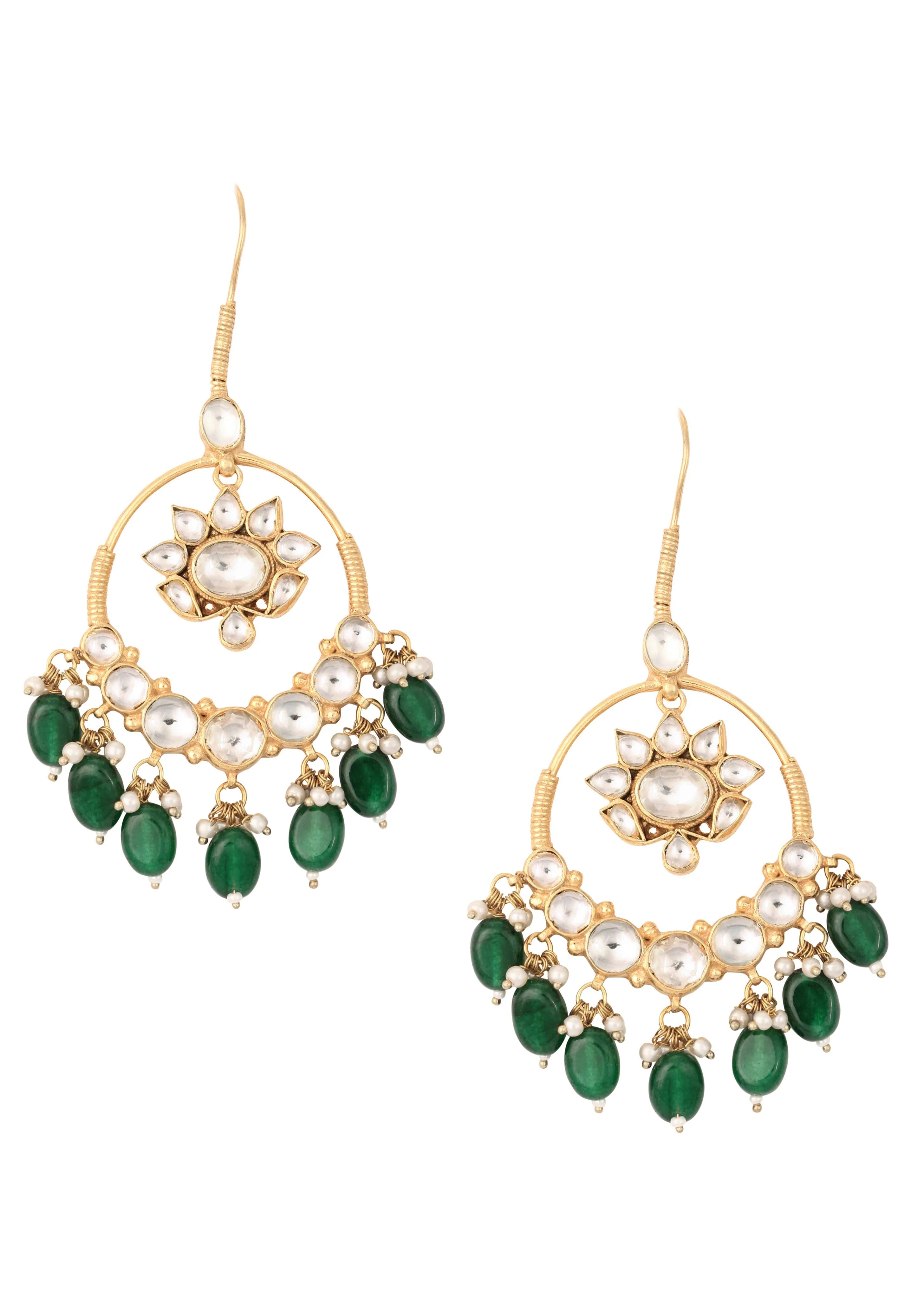 Green Kundan Chandabalis With Emerald Onyx Danglers - Image 2